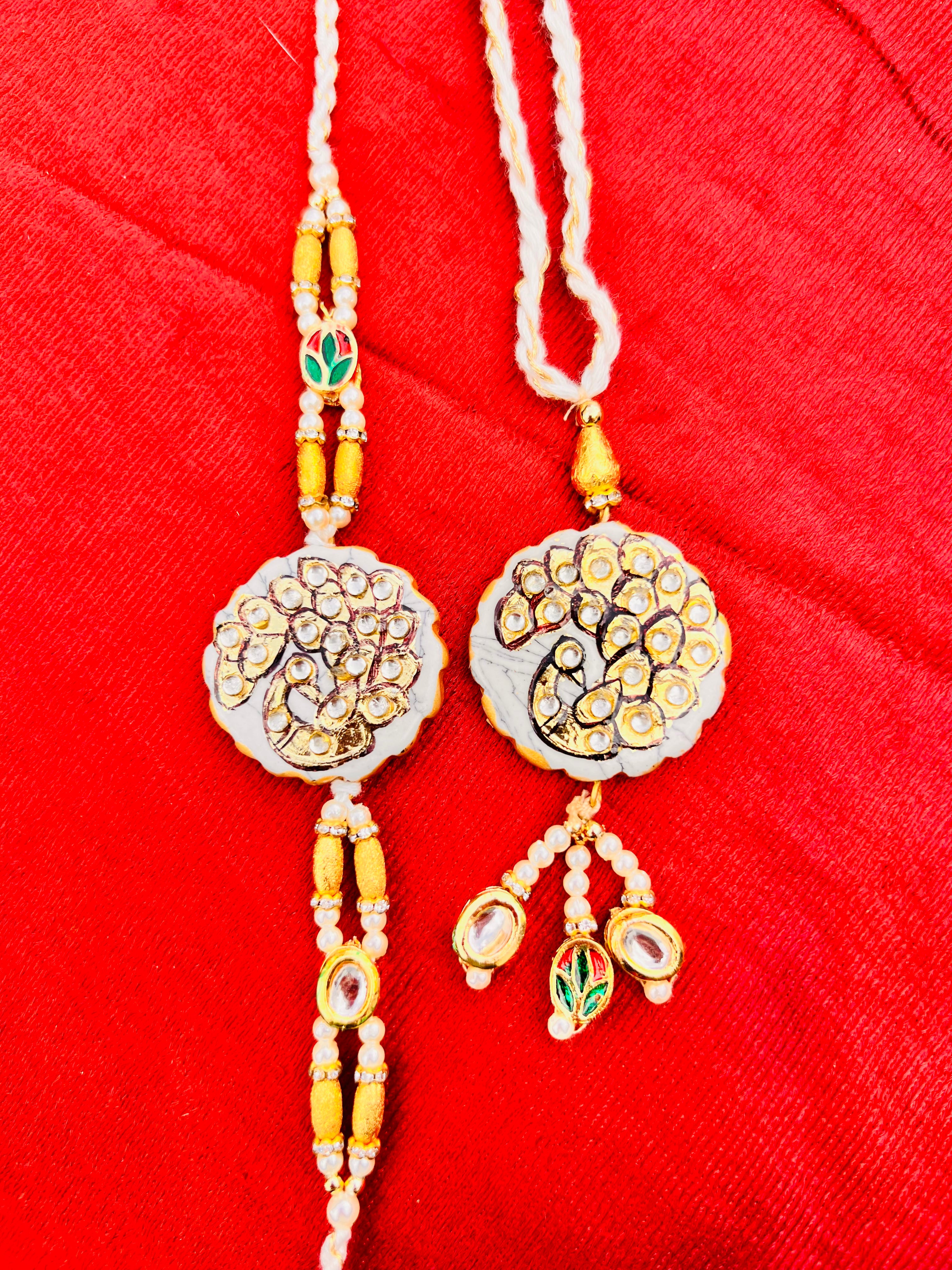 Wrap Shap Designer Bhaiya Bhabhi Premium Kundan Work Rakhi Lumba Set - Peacock Design on Agate Stone with Roli Chawal