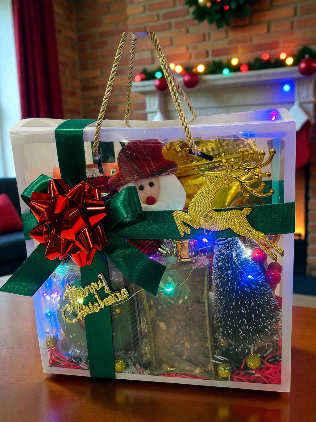 Christmas Gift Hamper in PVC Decorated Bag – Cookies, Chocolates, Cake & Festive Décor