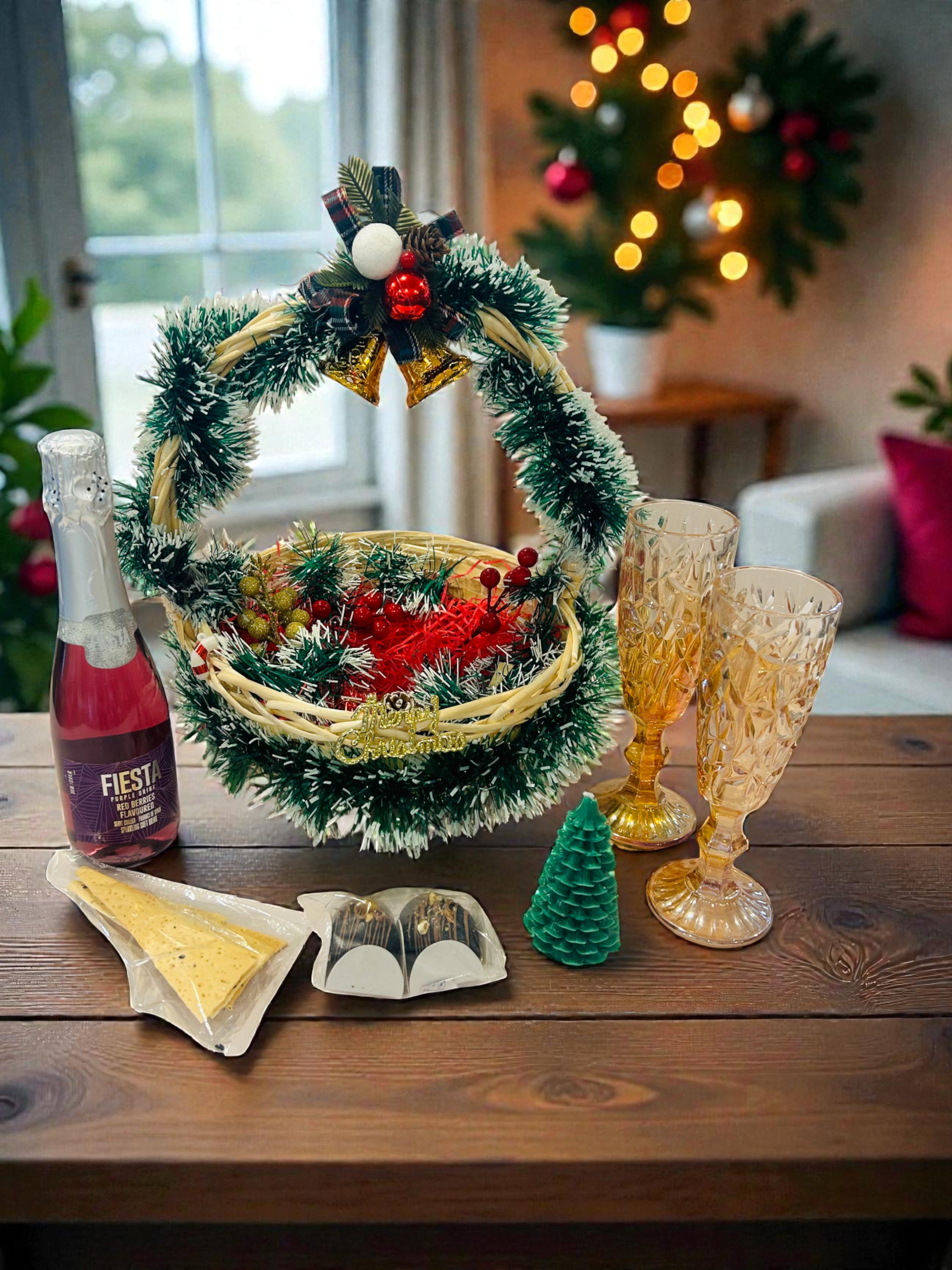 Premium Christmas Hamper in Decorated Basket – Wine Glasses, Fruit Wine, Chocolates & Festive Décor