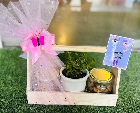 Delightful Baby-Themed Return Gift Hamper with Freshly Baked Cookies & Jade Plant in Wooden Basket