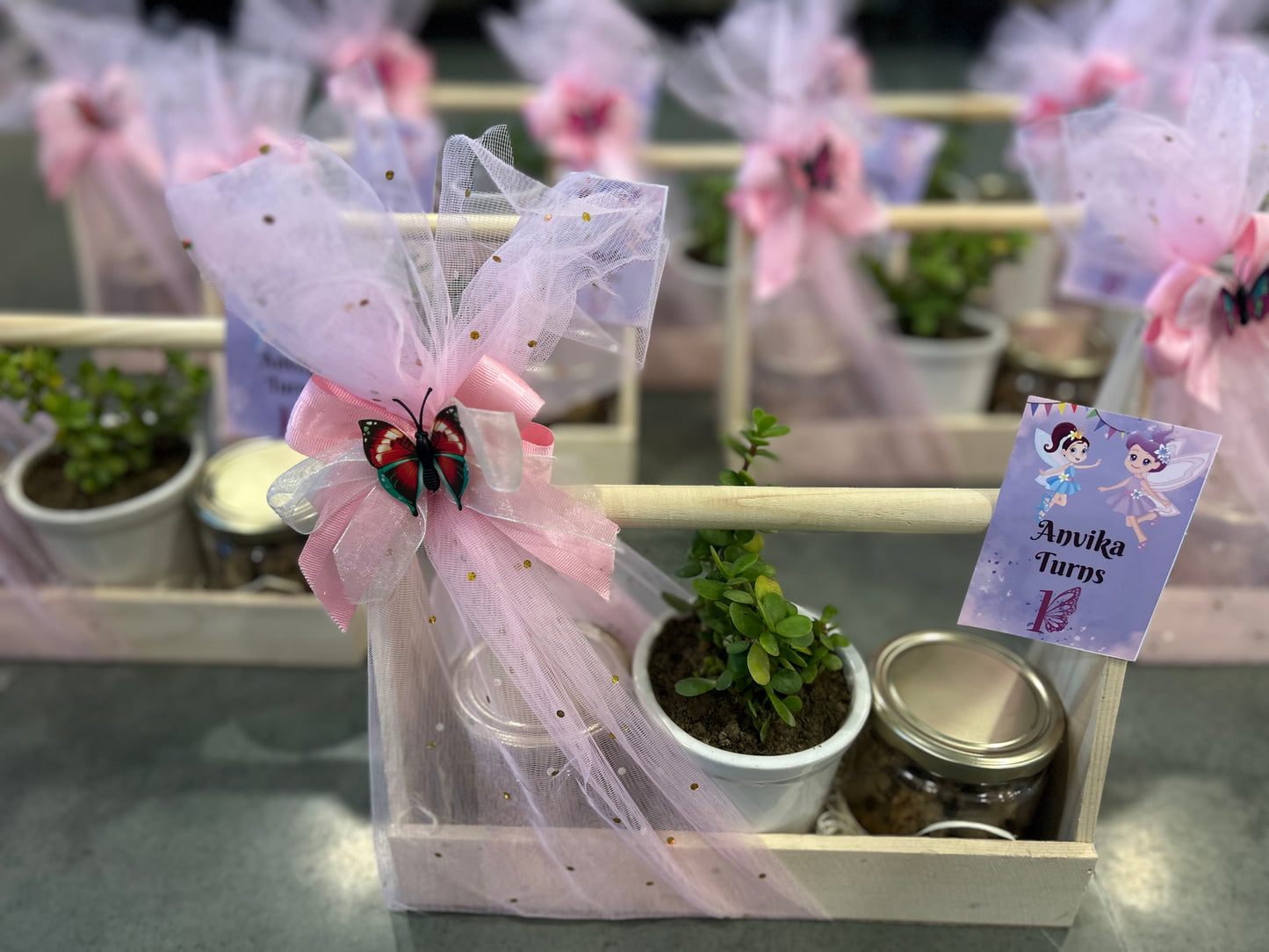 Delightful Baby-Themed Return Gift Hamper with Freshly Baked Cookies & Jade Plant in Wooden Basket