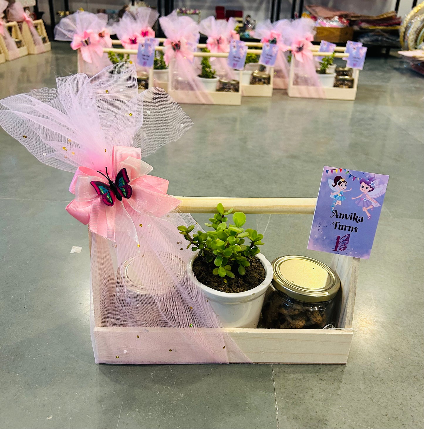 Delightful Baby-Themed Return Gift Hamper with Freshly Baked Cookies & Jade Plant in Wooden Basket