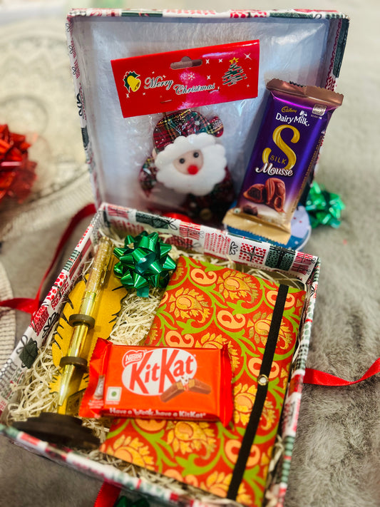 Christmas Gift Hamper in Festive Paper Box – Handmade Notebook, Designer Pen, Dairy Milk Silk Mousse, Kit Kat & Christmas Tree Hanging