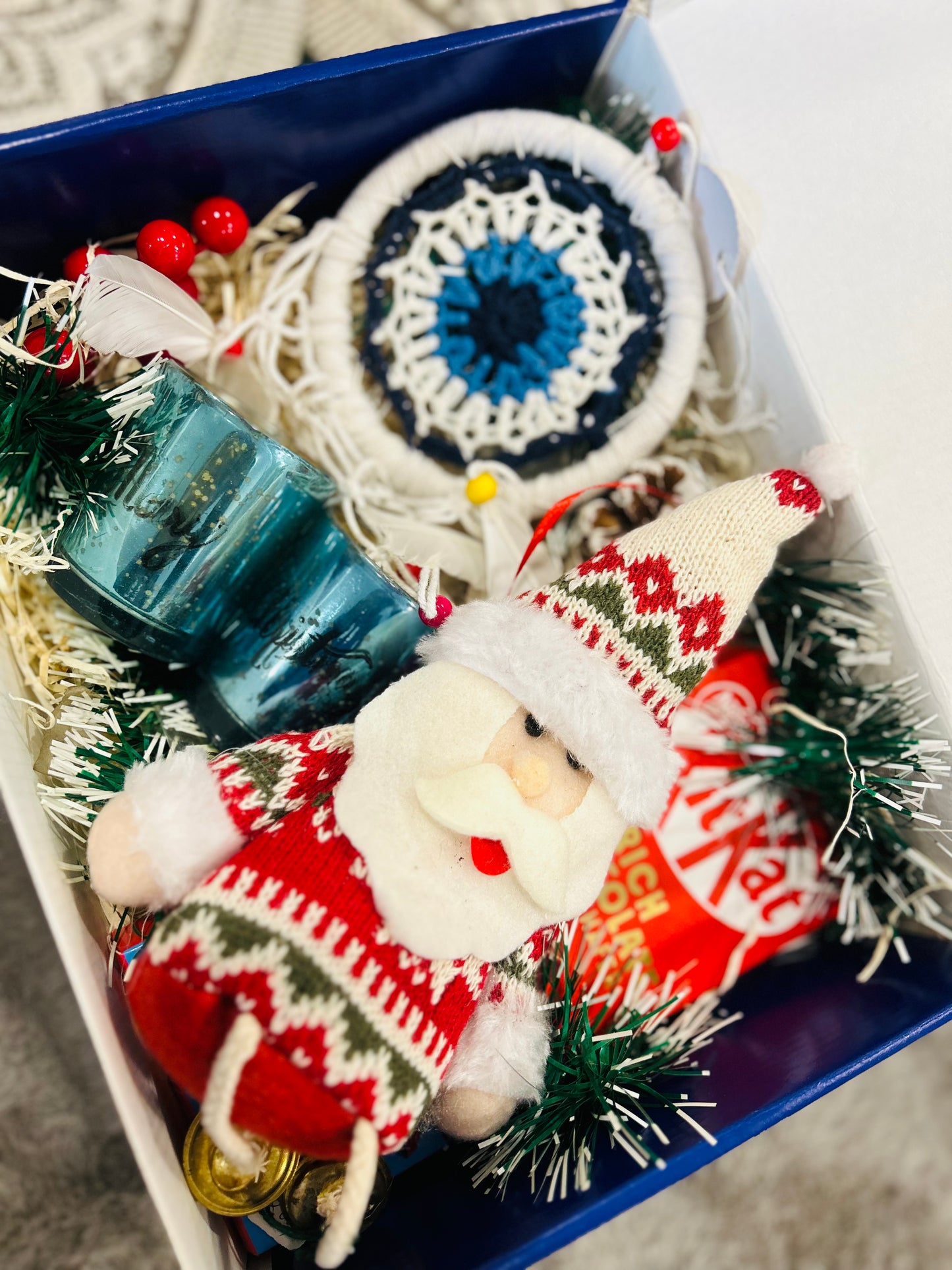 Festive Christmas Hamper in Holiday Gift Box – Santa Decorative, T-Light Candles, Evil Eye Hanging & KitKat