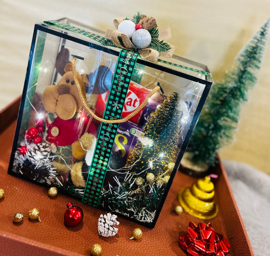 Festive Christmas Hamper in PVC Bag – Xmas Tree Decoratives, Artificial Table Tree & Chocolates