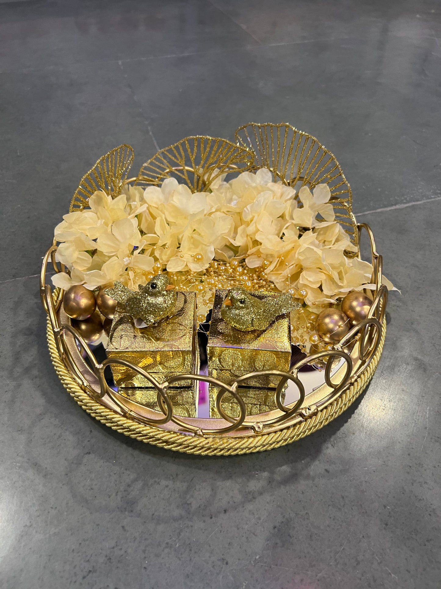 Luxurious Engagement Ring Platter with Golden Metal and Mirror Base, Beige Hydrangeas, and Customizable Ring Boxes