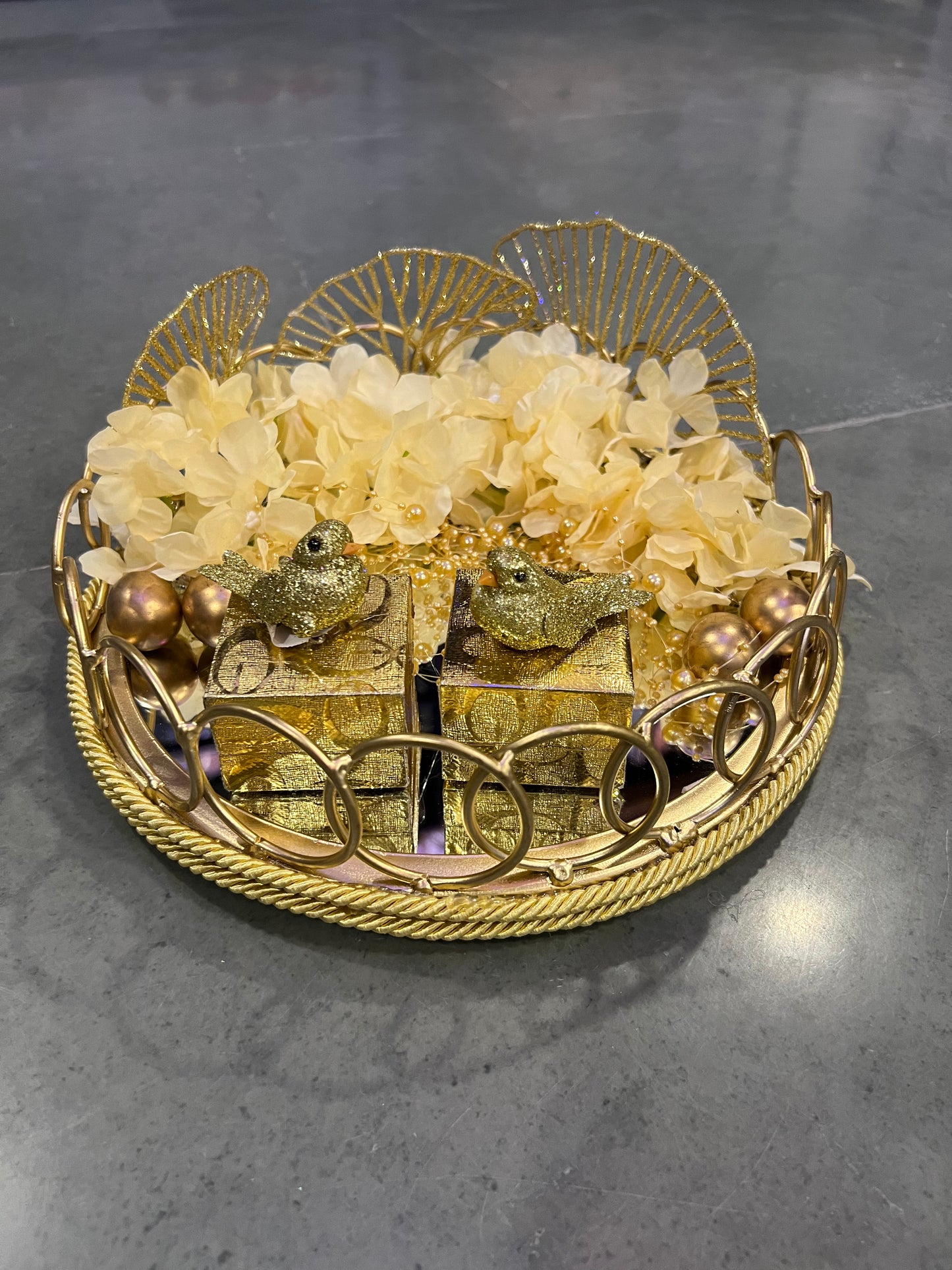 Luxurious Engagement Ring Platter with Golden Metal and Mirror Base, Beige Hydrangeas, and Customizable Ring Boxes