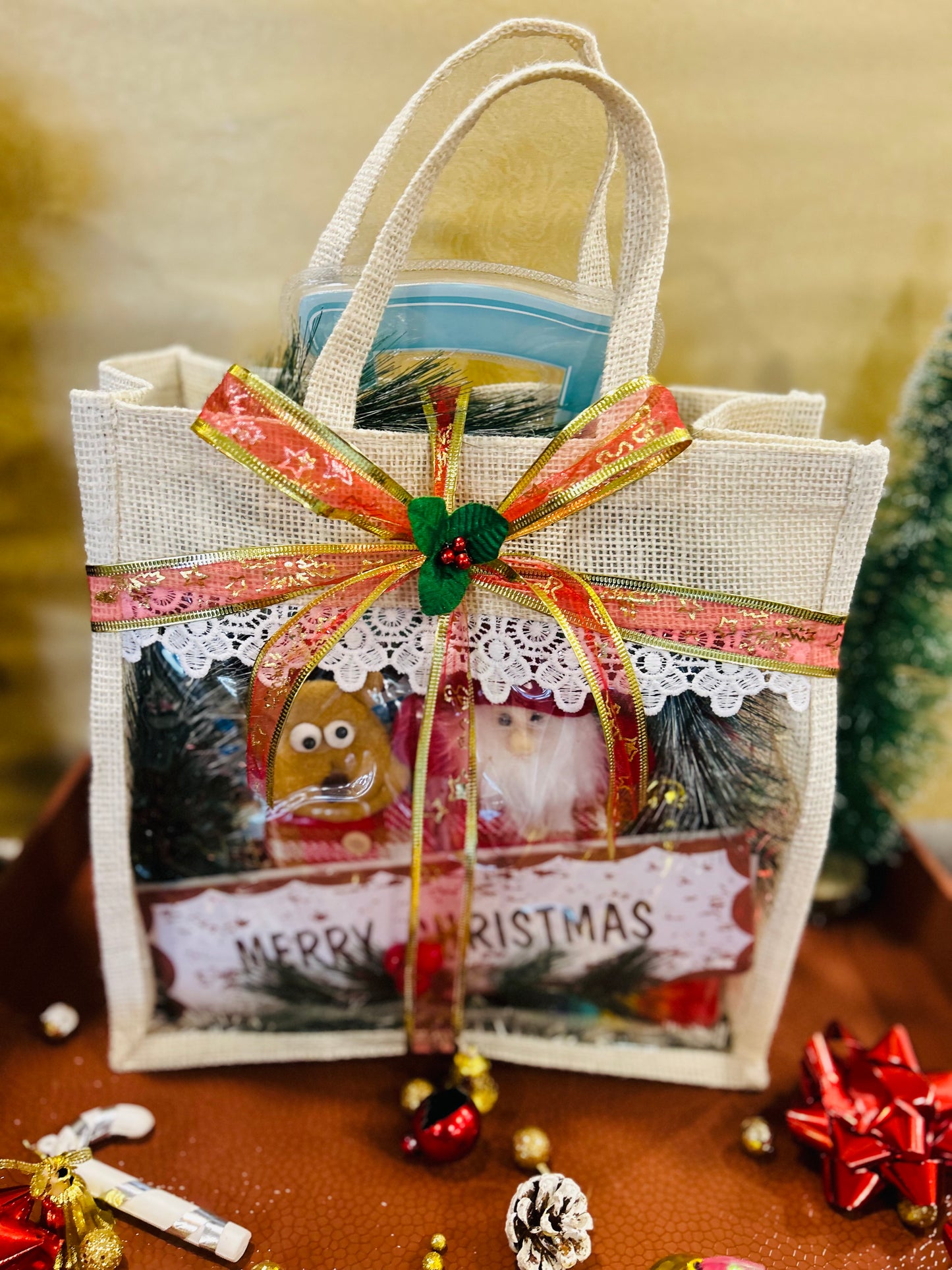 Creative Christmas Hamper in Jute Bag – Stationery Kit, Glow-in-the-Dark Pens, Pop-It Pouch, Chocolate & Xmas Wreath