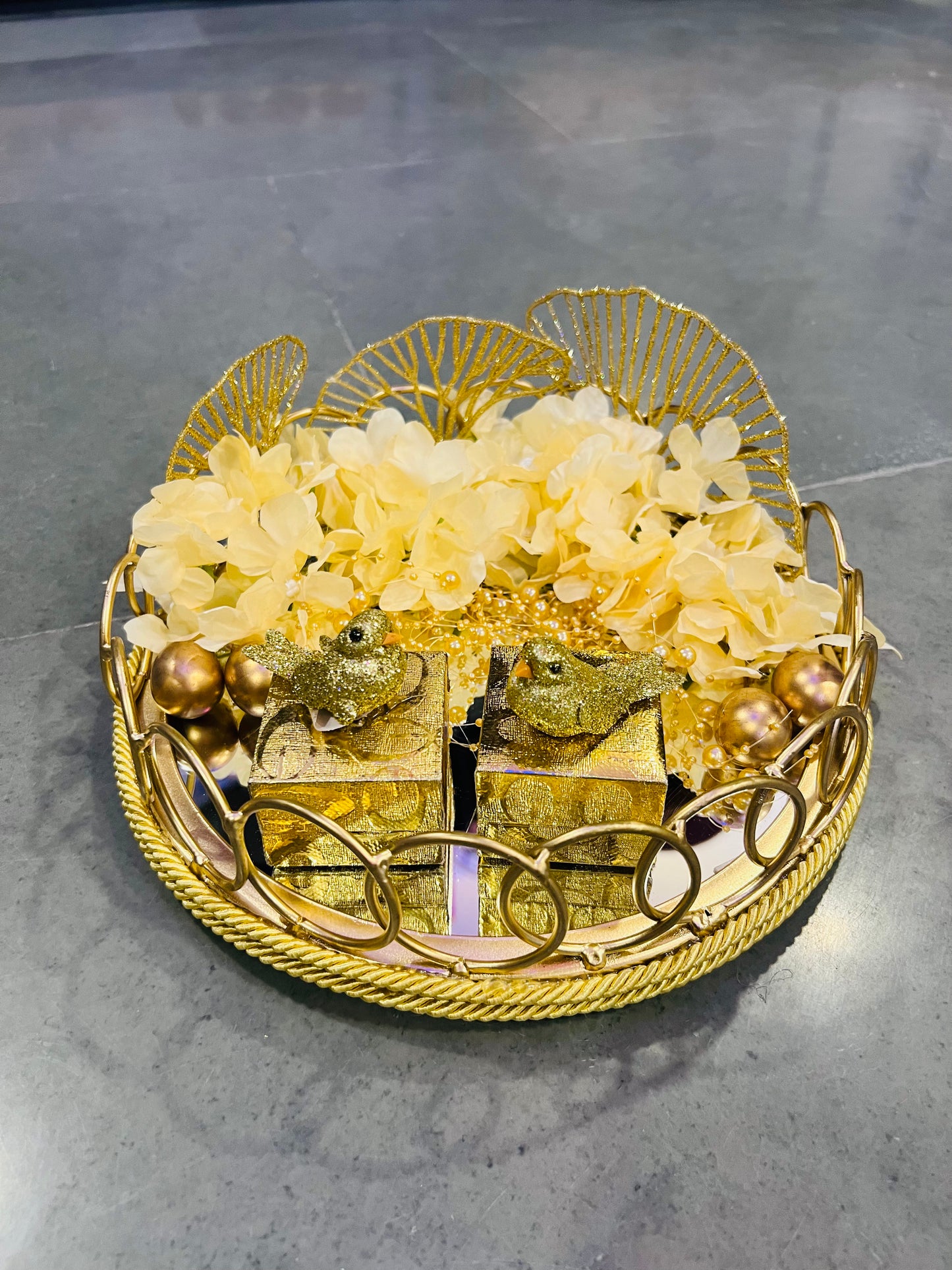 Luxurious Engagement Ring Platter with Golden Metal and Mirror Base, Beige Hydrangeas, and Customizable Ring Boxes