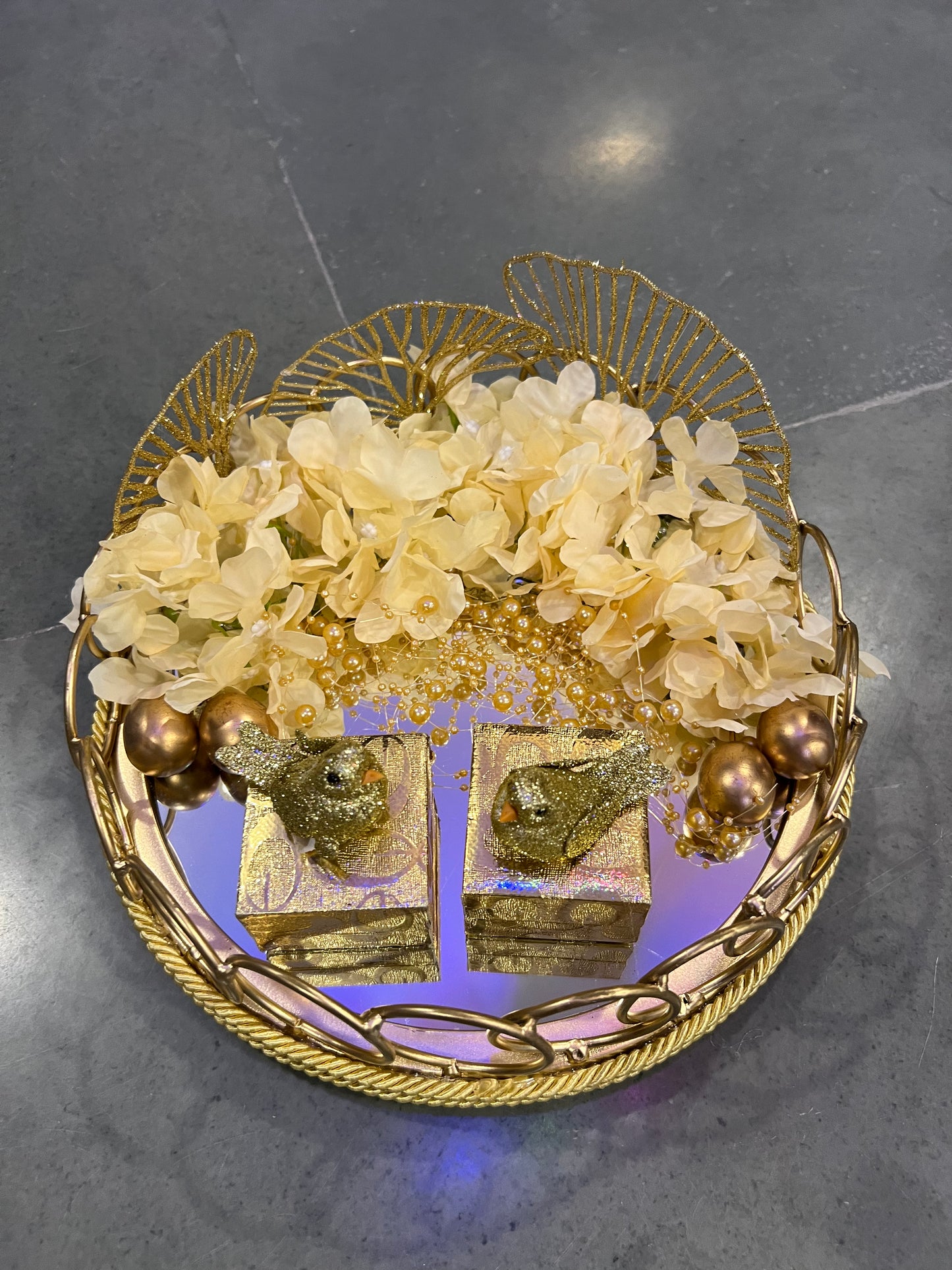 Luxurious Engagement Ring Platter with Golden Metal and Mirror Base, Beige Hydrangeas, and Customizable Ring Boxes