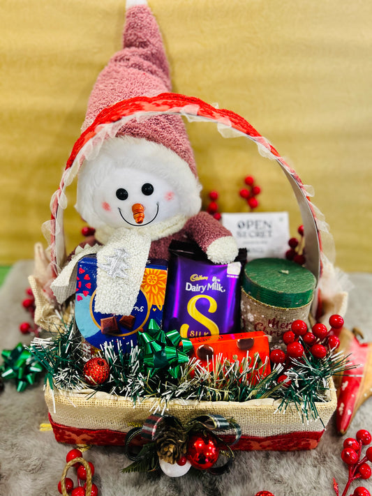 Festive Christmas Hamper – Snowman Showpiece, Open Secret Cookies, Decorative Candle & Cadbury Chocolates