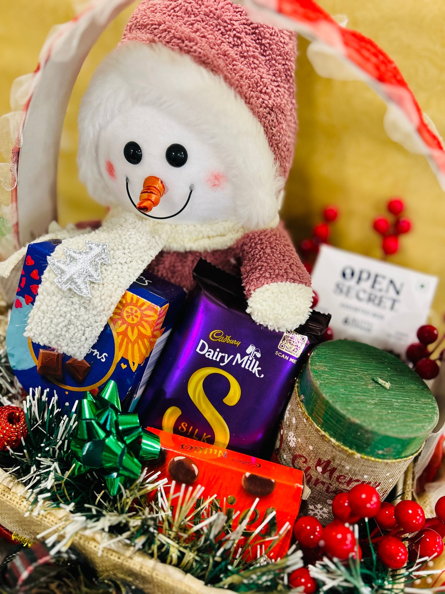 Festive Christmas Hamper – Snowman Showpiece, Open Secret Cookies, Decorative Candle & Cadbury Chocolates