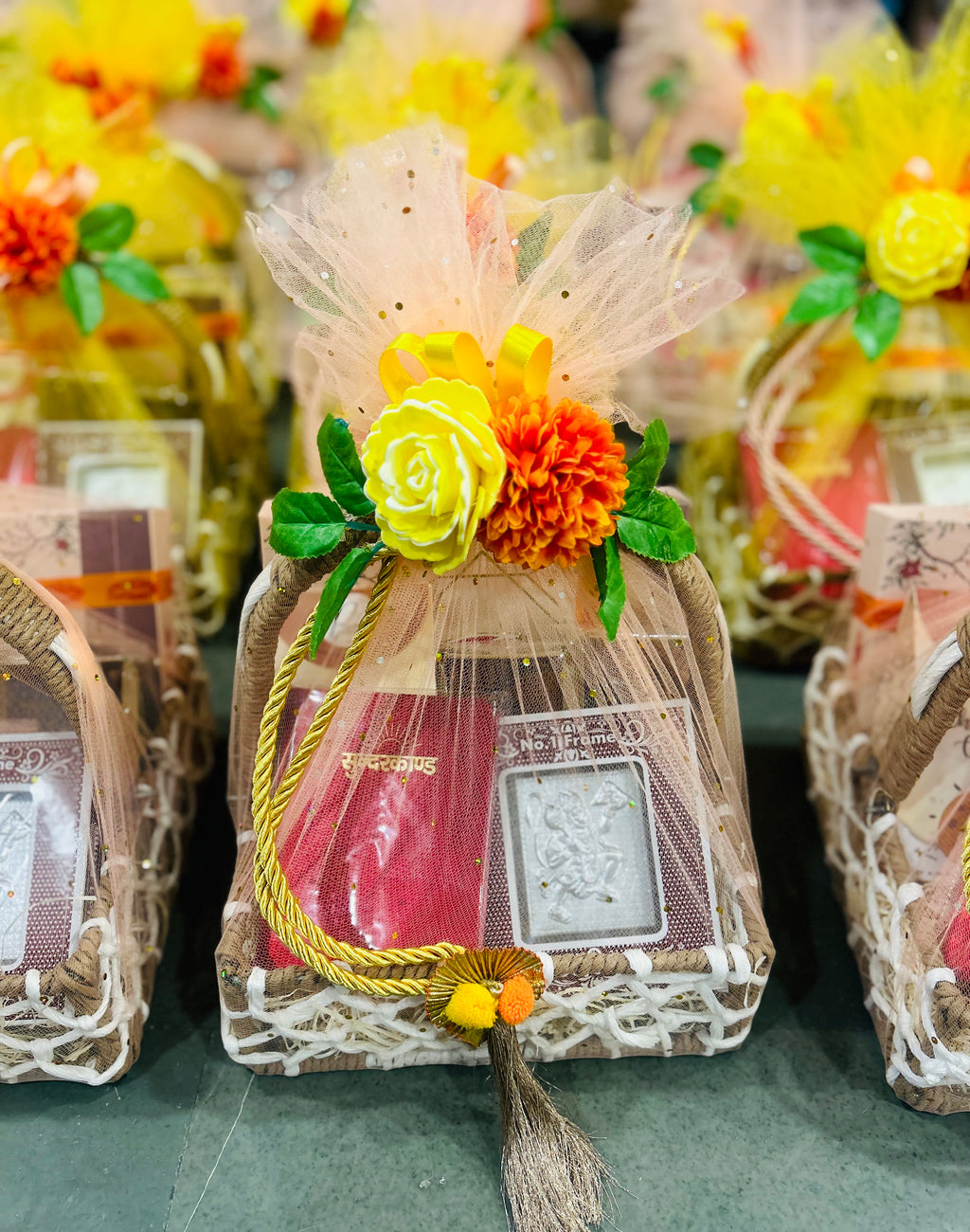 Traditional Return Gift Hamper for Sundarkand Path, Housewarming, Kirtan, Bhajan Sandhya, Navratri, and Festivals in a Decorated Rafia Basket