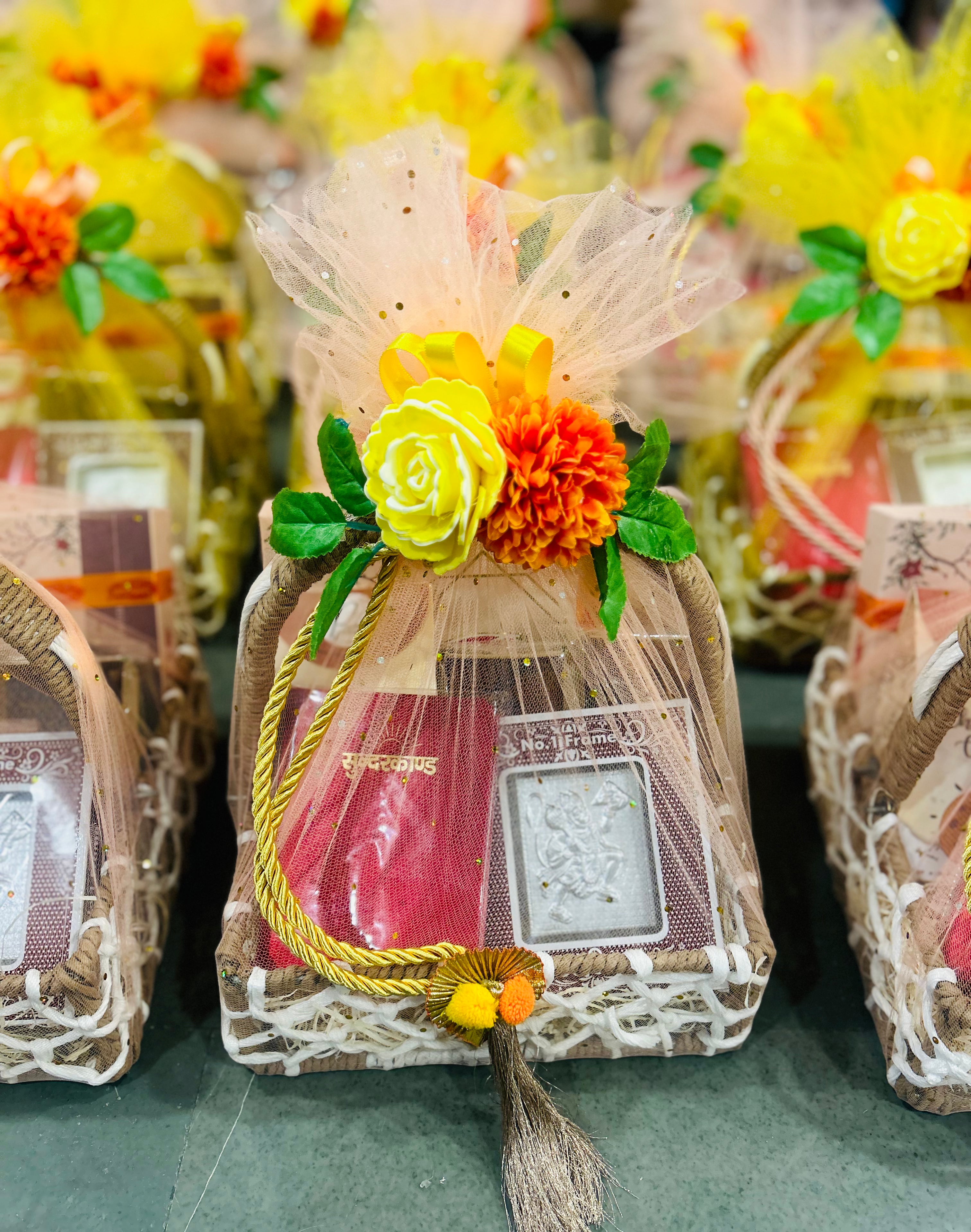 Traditional Return Gift Hamper for Sundarkand Path, Housewarming, Kirtan, Bhajan Sandhya, Navratri, and Festivals in a Decorated Rafia Basket