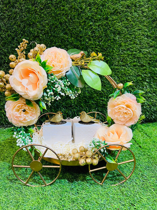 Exquisite Engagement Ring Platter on Ornate Metal Carriage with Peonies and Customizable Embellishments