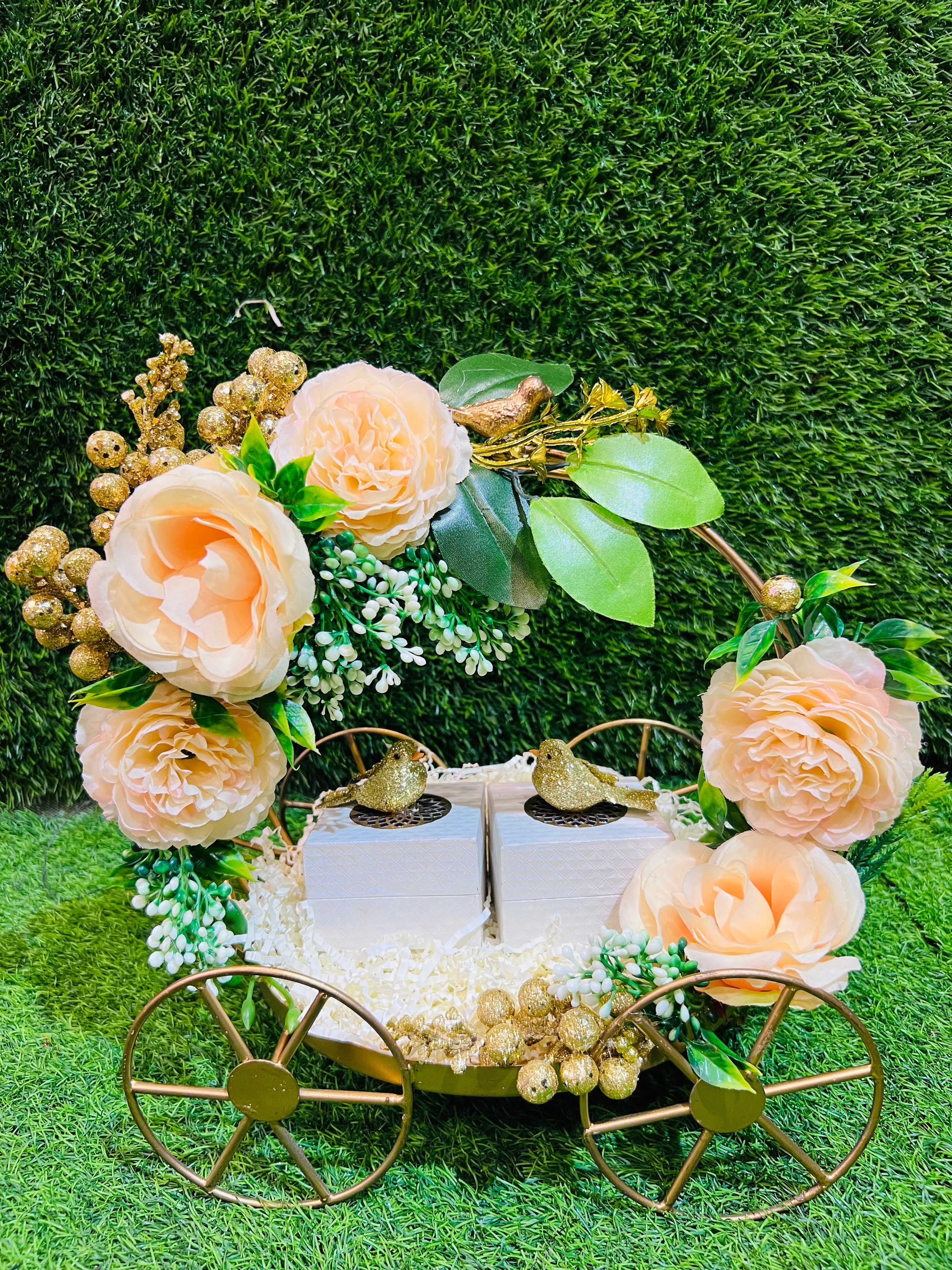 Exquisite Engagement Ring Platter on Ornate Metal Carriage with Peonies and Customizable Embellishments