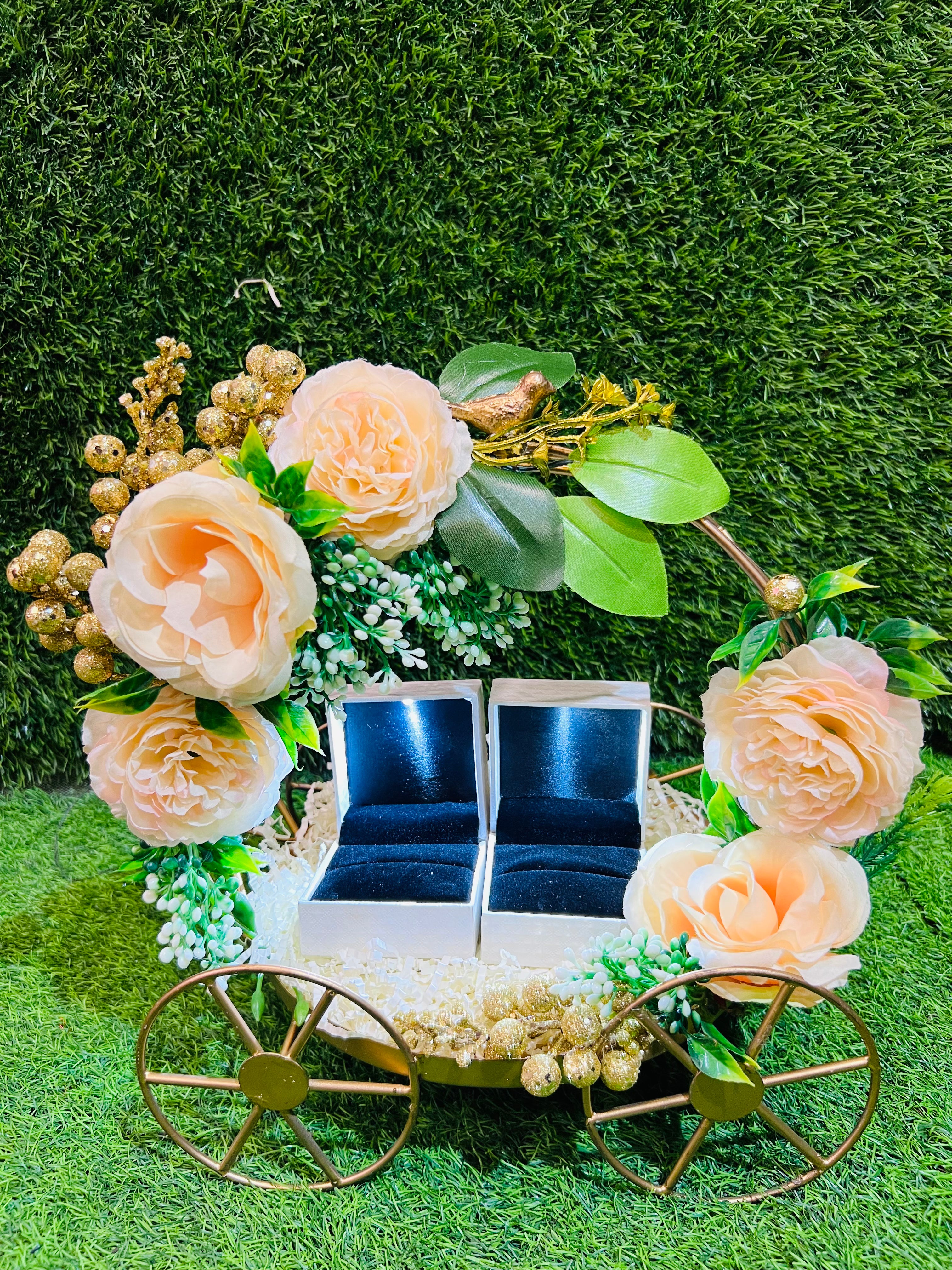 Exquisite Engagement Ring Platter on Ornate Metal Carriage with Peonies and Customizable Embellishments