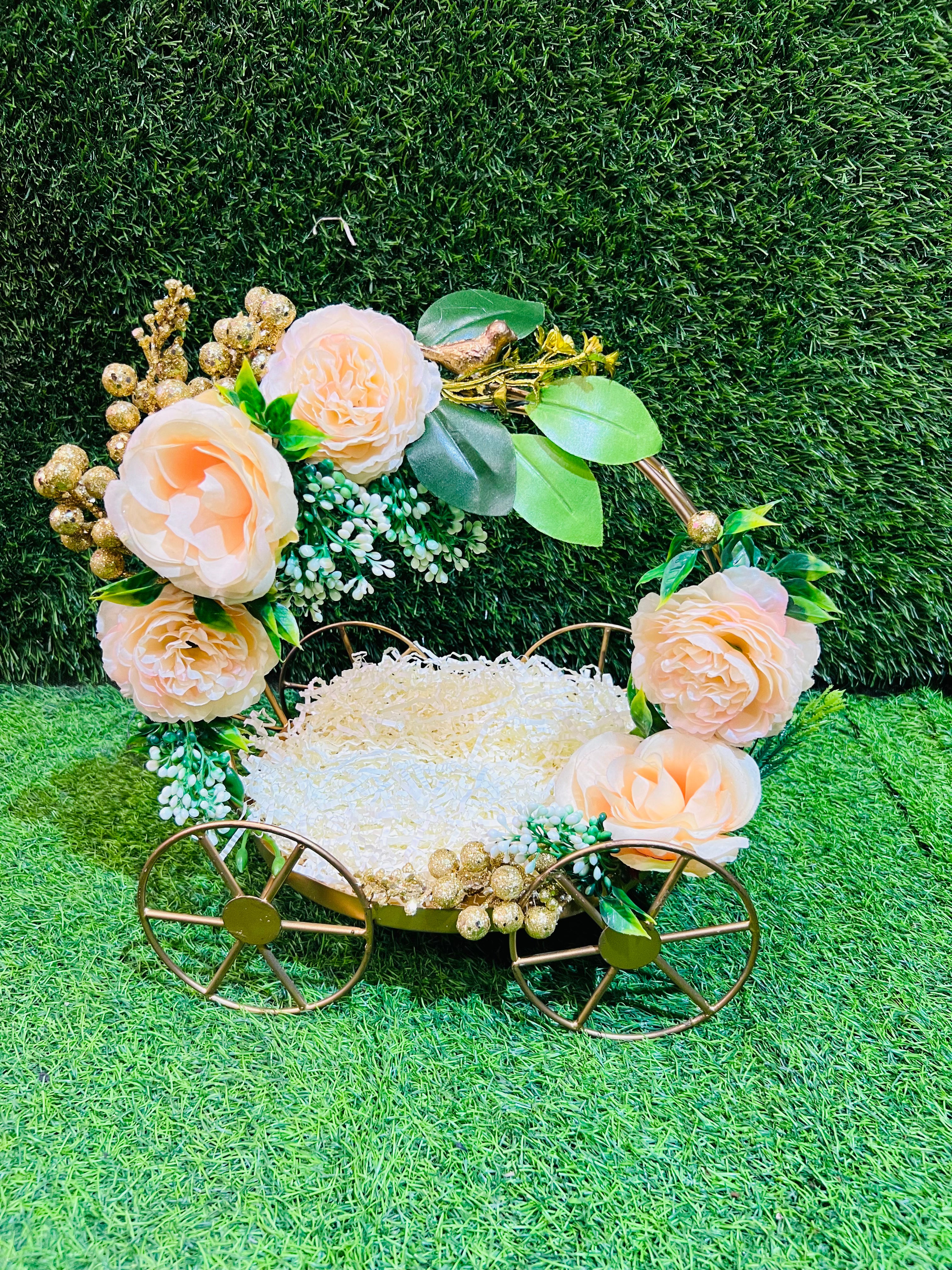 Exquisite Engagement Ring Platter on Ornate Metal Carriage with Peonies and Customizable Embellishments