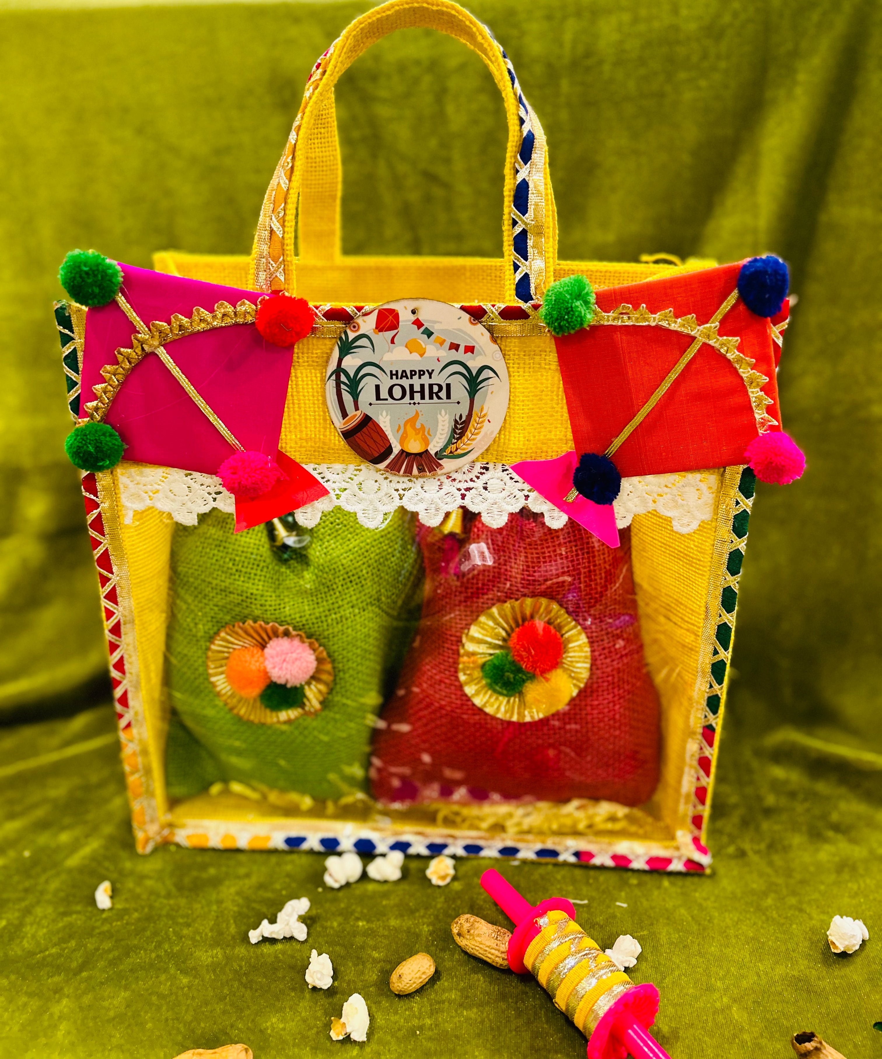 Lohri Hamper in a Kite Decorated Jute Bag with 500gms Moongfali & 500gms Til Gajak