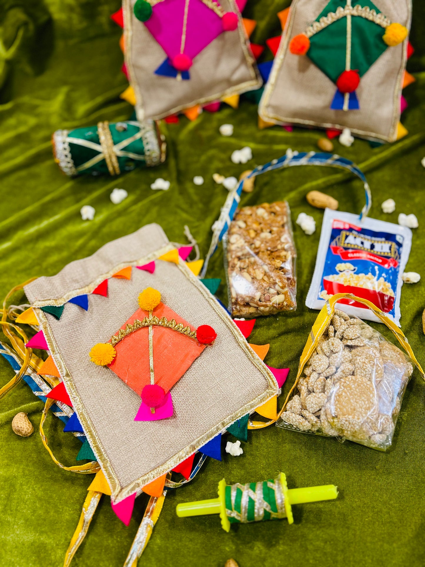 Lohri Hamper in a Decorated Jute Potli with Gajak, Revdi & Instant Popcorn Sachet