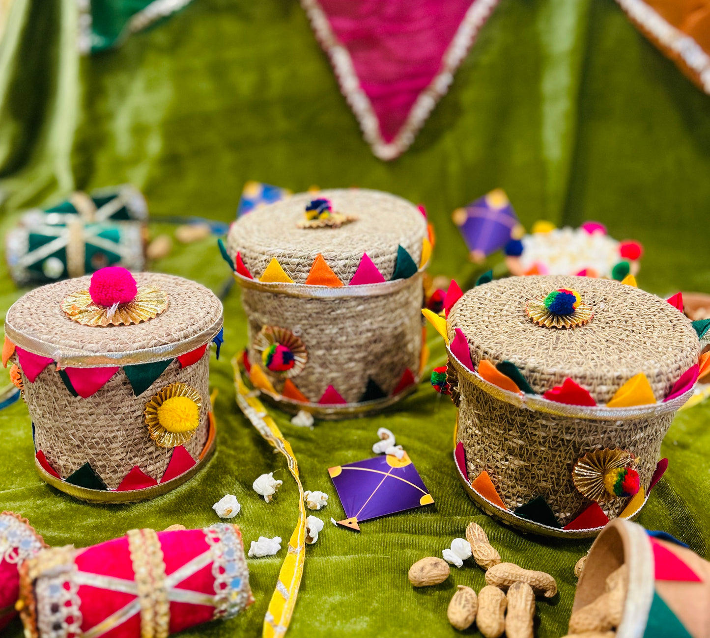 Lohri Hamper in a Decorated Organic Jute Box with Gajak, Revdi & Instant Popcorn Sachet