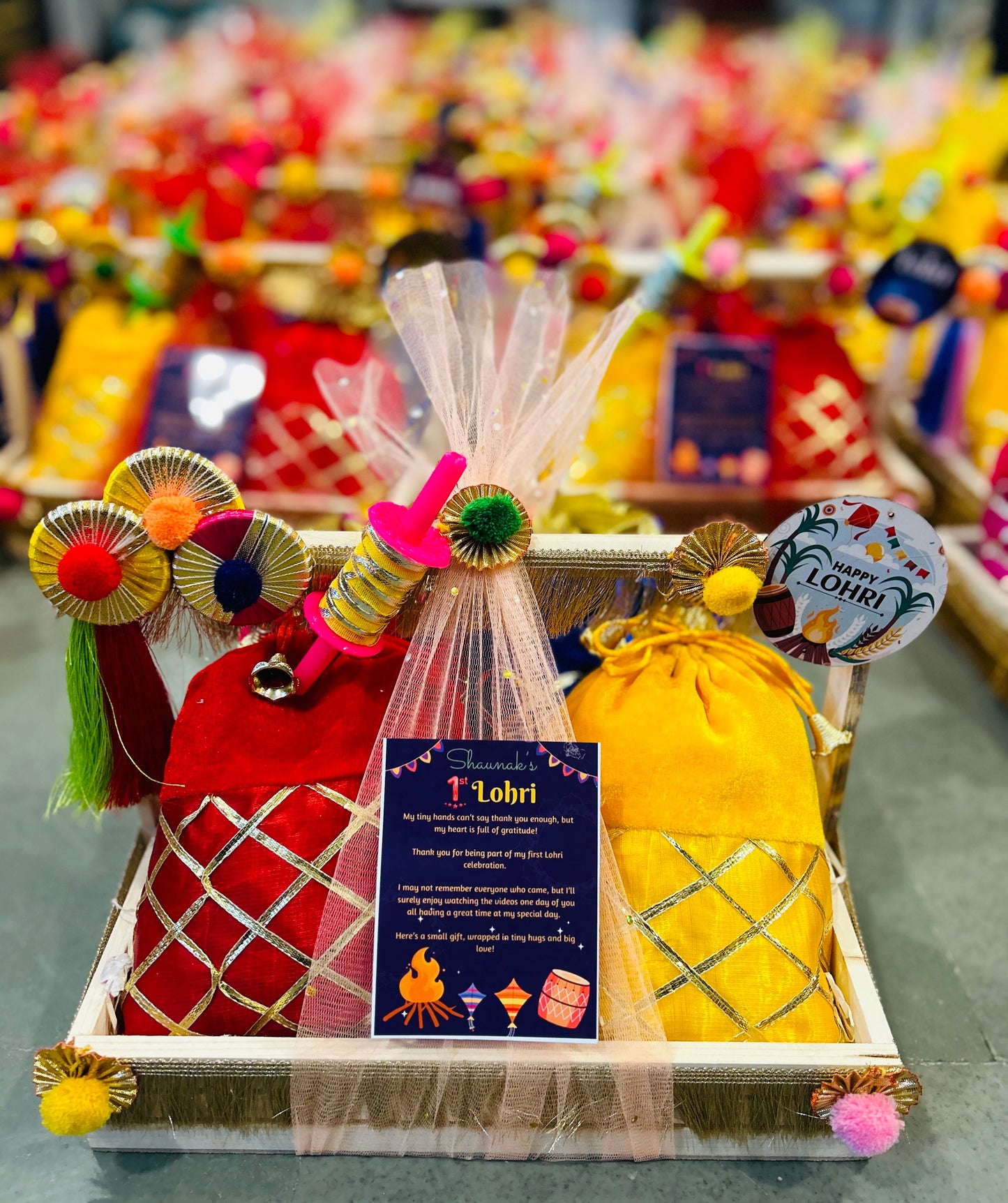 Traditional Lohri Hamper in a Decorated Pinewood Basket with Gajak, Revdi, Moongfali & Popcorn