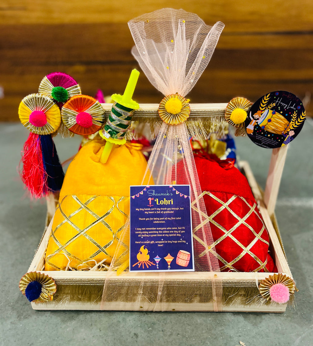 Traditional Lohri Hamper in a Decorated Pinewood Basket with Gajak, Revdi, Moongfali & Popcorn