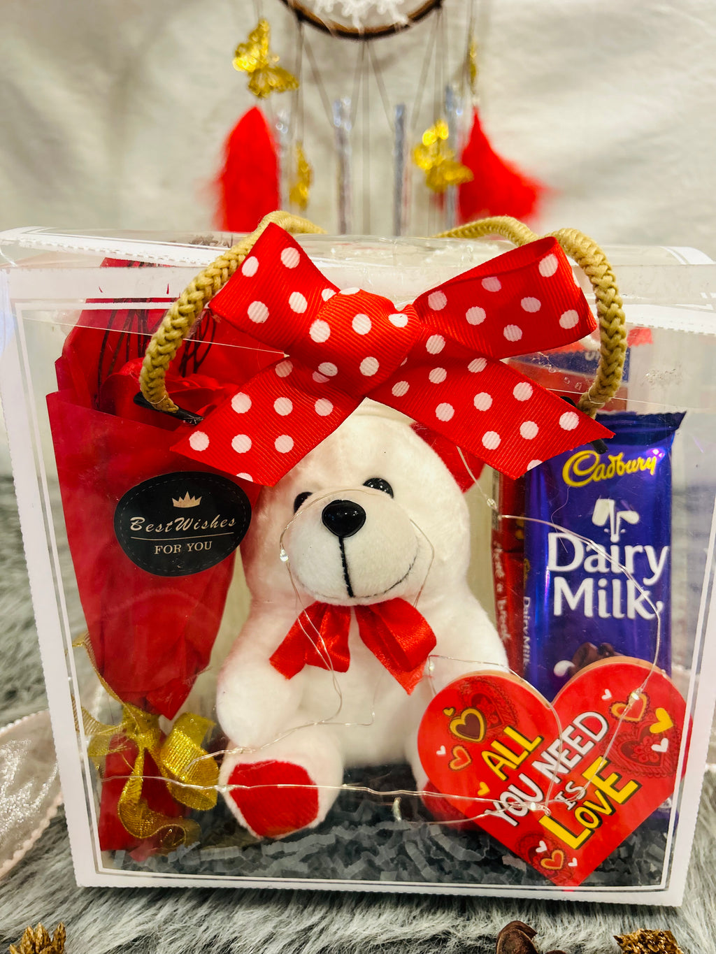 PVC Transparent Hamper with Teddy, Rose Bunch, Chocolates & Greeting Card | Perfect for Valentine’s Day, Anniversaries, Birthdays & Weddings