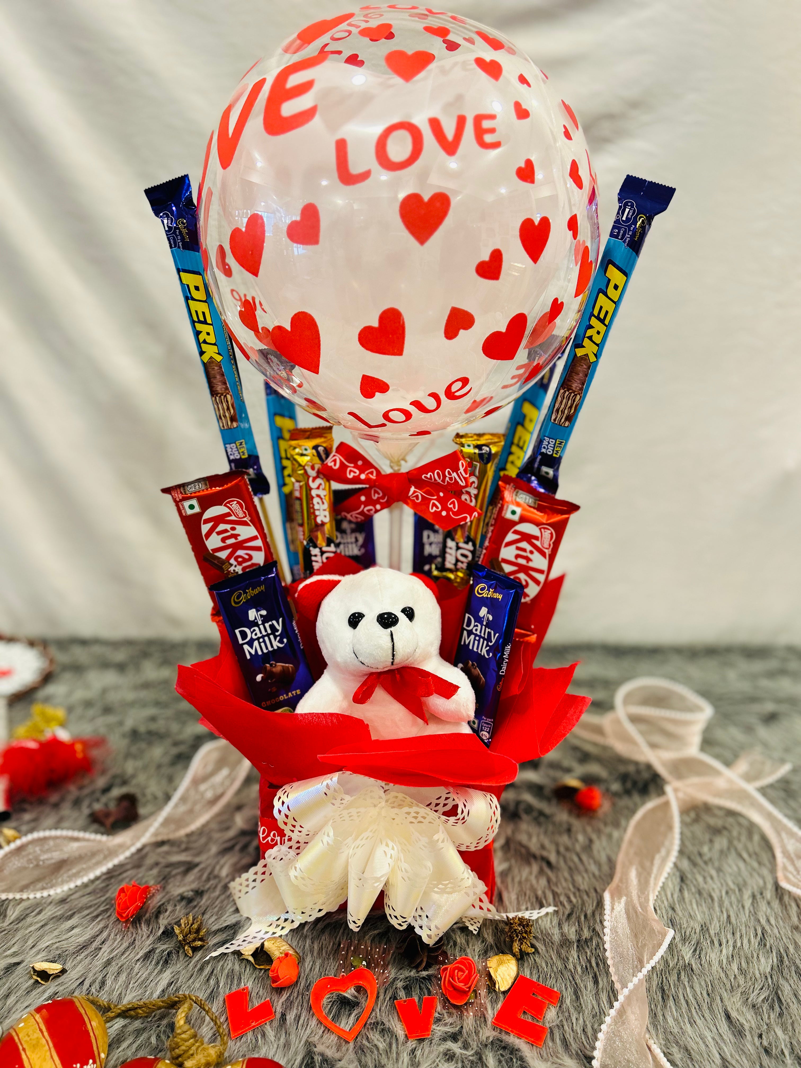 Love Transparent Balloon Hamper with Teddy & Chocolates | Perfect for Valentine’s Day, Anniversaries, Birthdays & Weddings