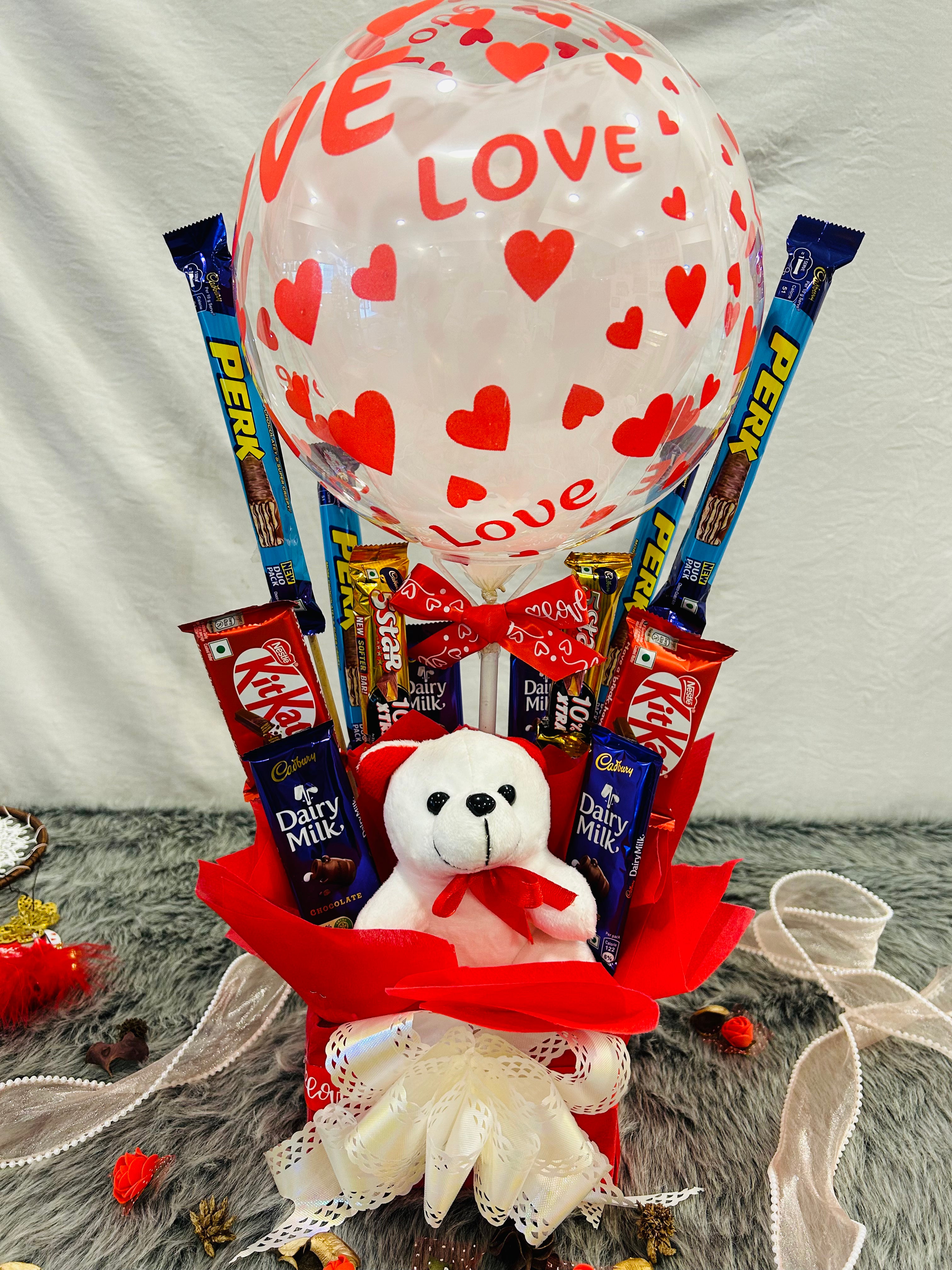 Love Transparent Balloon Hamper with Teddy & Chocolates | Perfect for Valentine’s Day, Anniversaries, Birthdays & Weddings