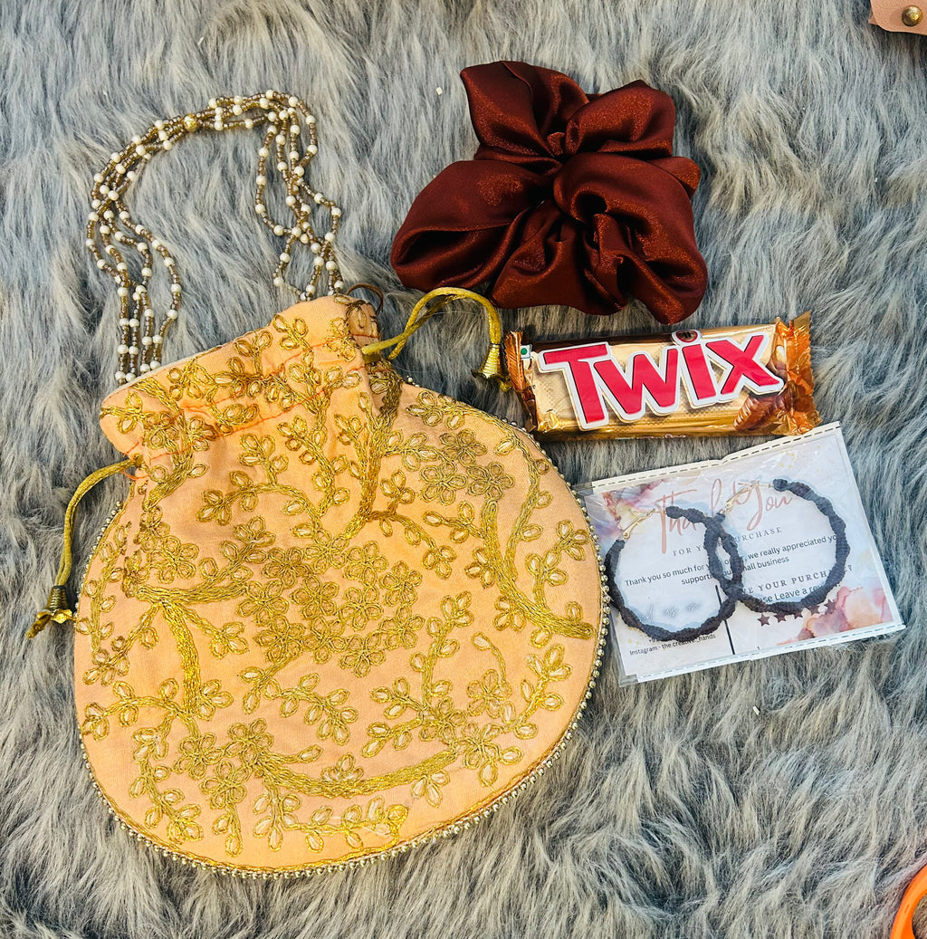 Elegant Gift Hamper – Earring, Scrunchies & Twix in Embroidery Potli | Birthday, Anniversary & Wedding Favor