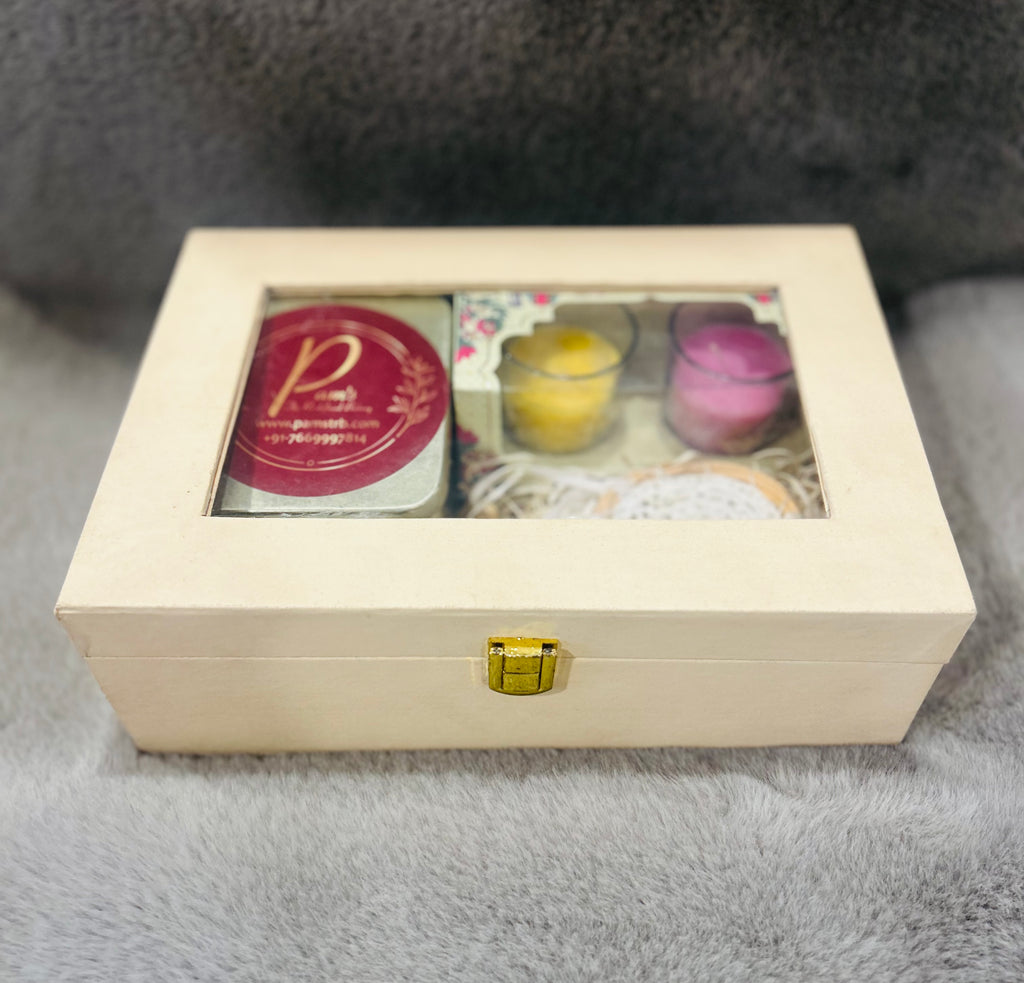 Luxury Gift Hamper – Handmade Chocolates, Scented Candle Set & Macrame Hanging in a Transparent Wooden Gift Box | Birthday, Anniversary & Women’s Day Gift