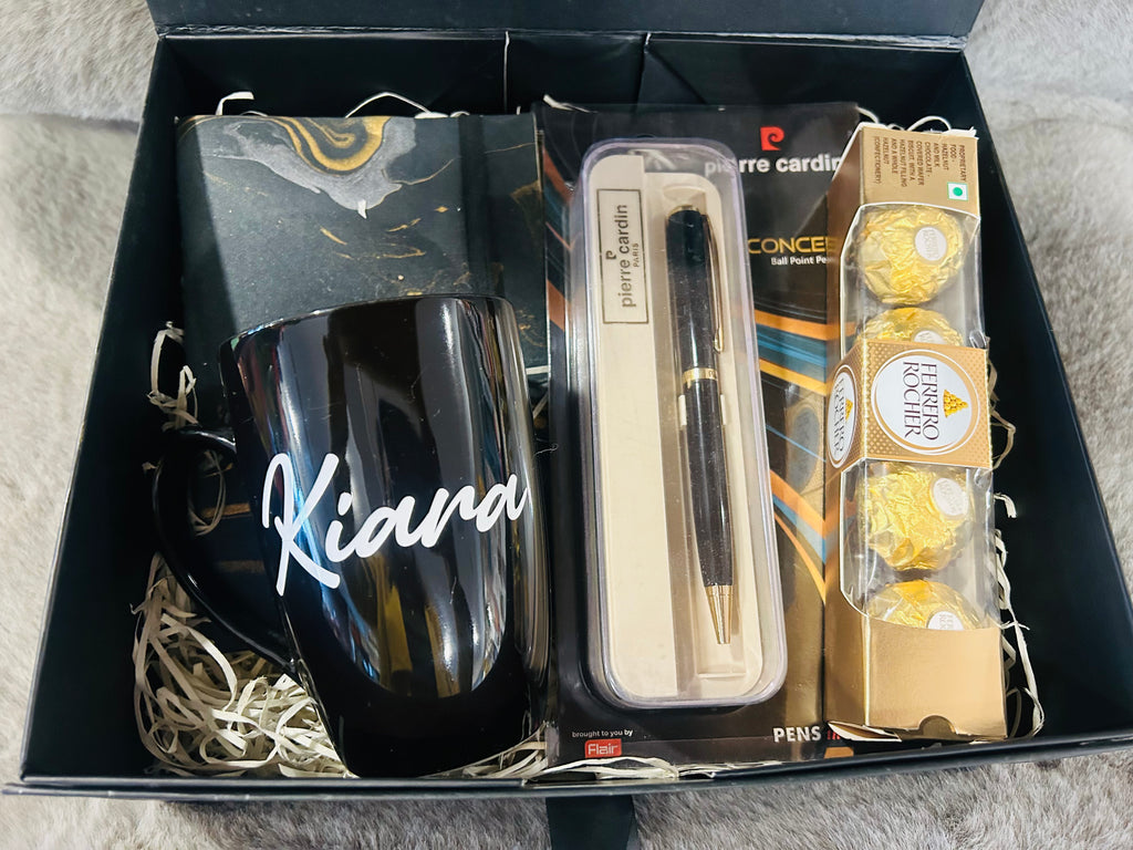 Personalized Gift Hamper – Custom Name Coffee Mug, Customized Pen, Handmade Notebook & Ferrero Rocher in a Premium Gift Box | Birthday, Anniversary & Women’s Day Gift
