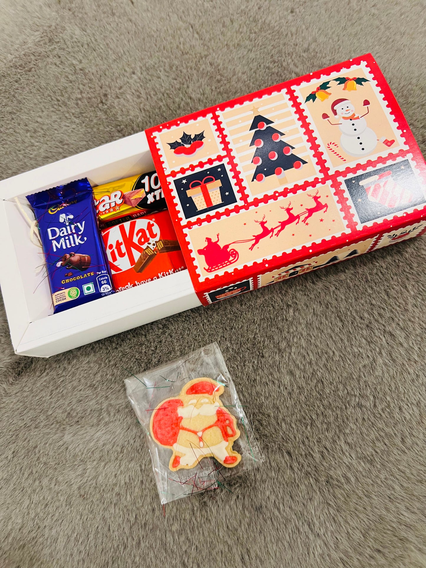 Christmas Treat Hamper in Festive Theme Box – Dairy Milk, 5 Star, KitKat & Christmas Cookie