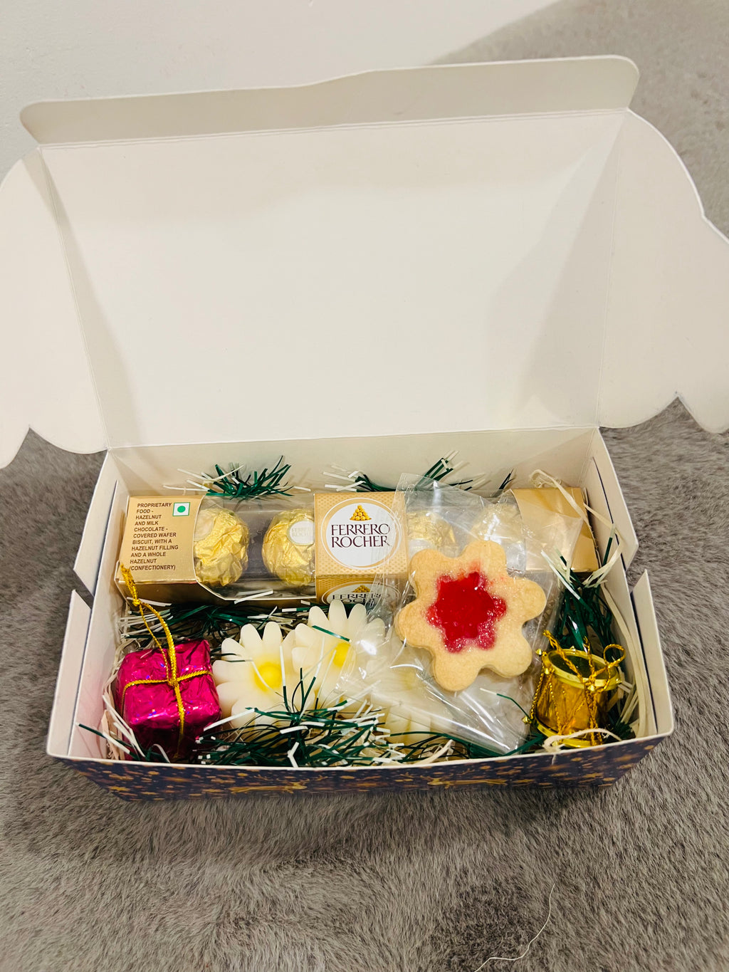 Christmas Hamper in Festive Paper Box – Ferrero Rocher, Christmas Cookie & Flower-Shaped Candle