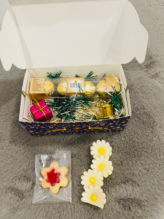 Christmas Hamper in Festive Paper Box – Ferrero Rocher, Christmas Cookie & Flower-Shaped Candle