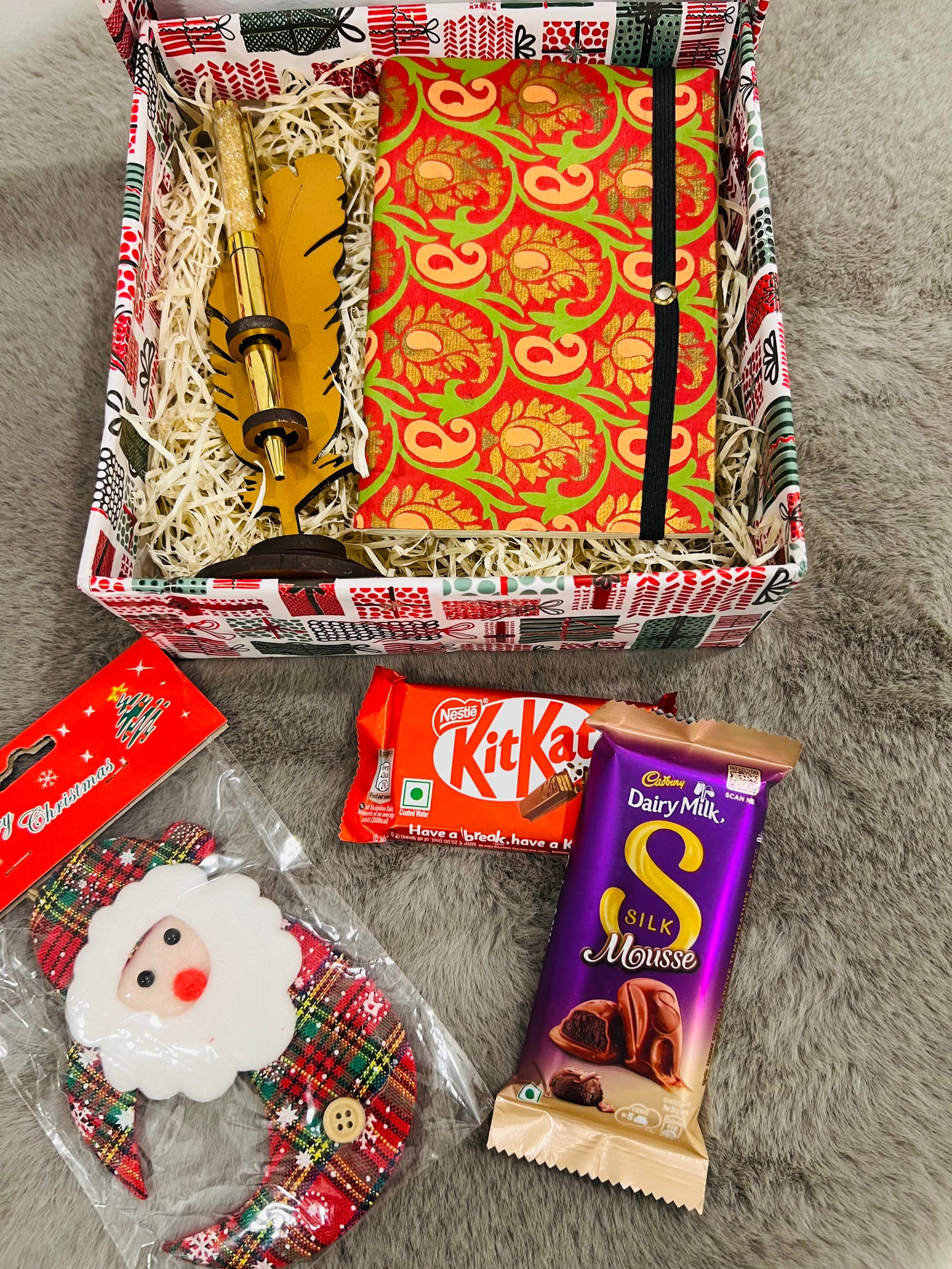 Christmas Gift Hamper in Festive Paper Box – Handmade Notebook, Designer Pen, Dairy Milk Silk Mousse, Kit Kat & Christmas Tree Hanging