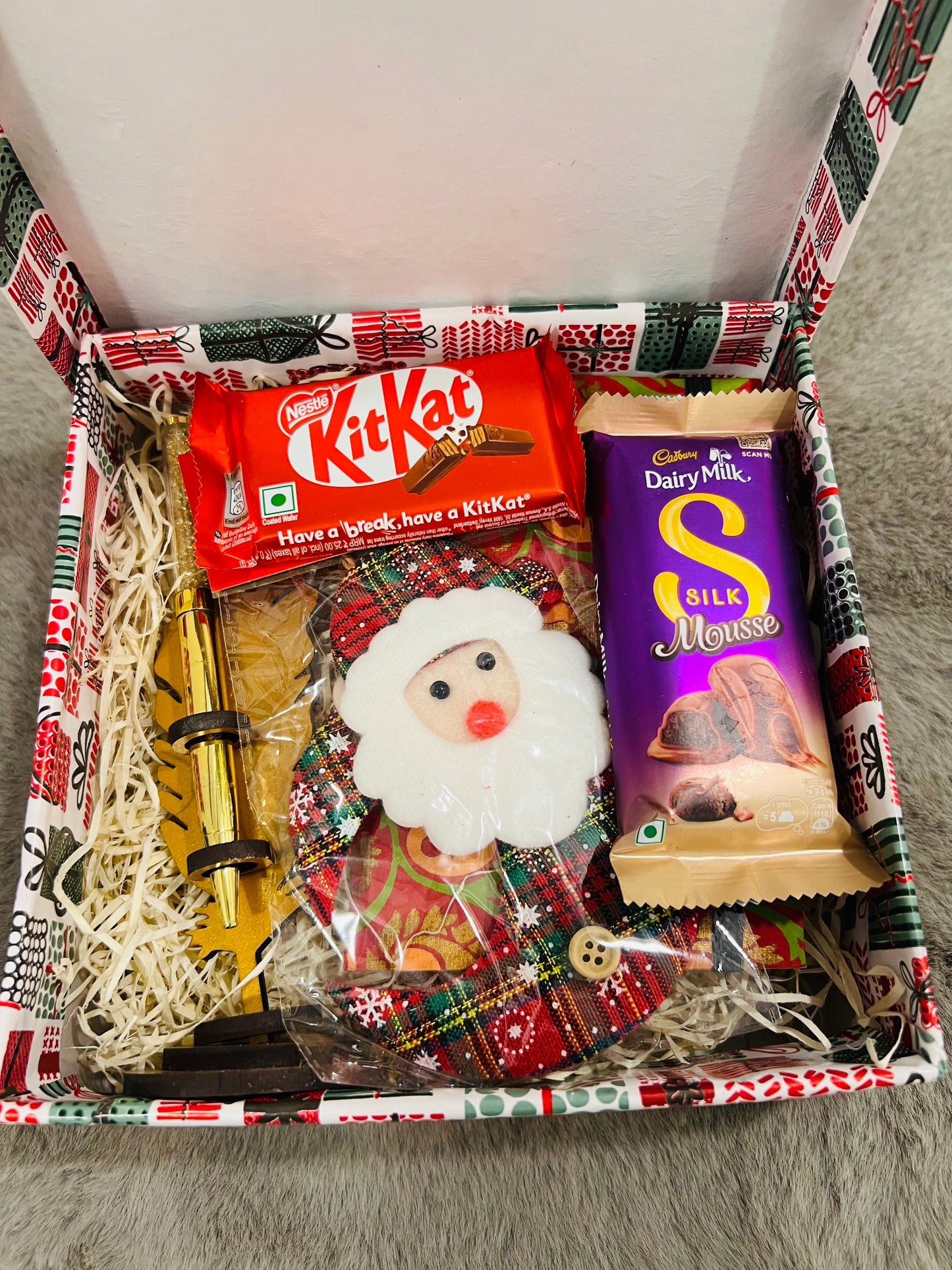 Christmas Gift Hamper in Festive Paper Box – Handmade Notebook, Designer Pen, Dairy Milk Silk Mousse, Kit Kat & Christmas Tree Hanging