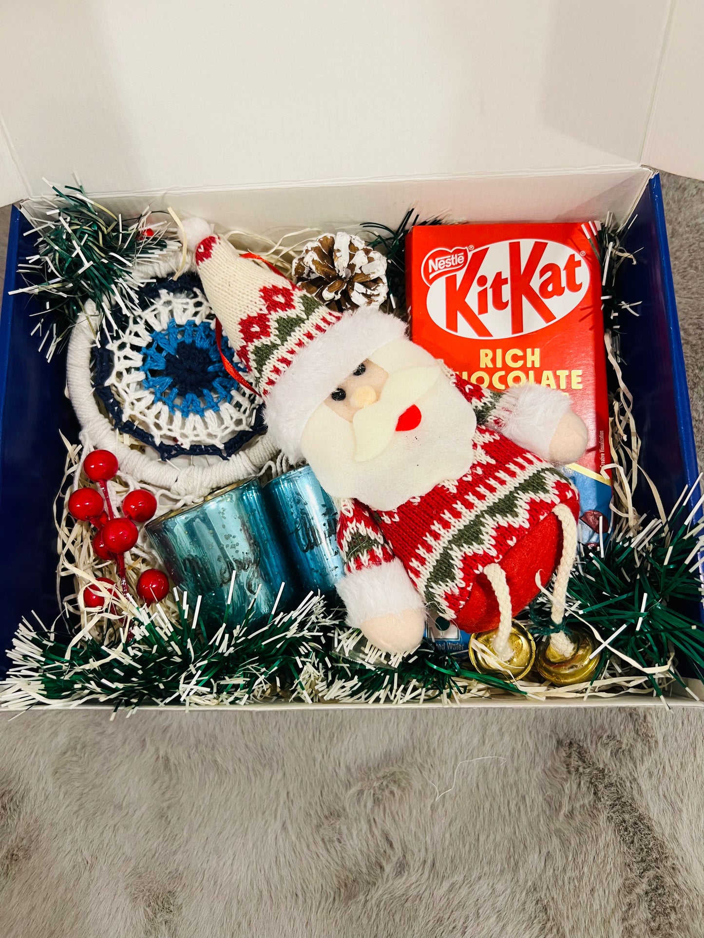 Festive Christmas Hamper in Holiday Gift Box – Santa Decorative, T-Light Candles, Evil Eye Hanging & KitKat