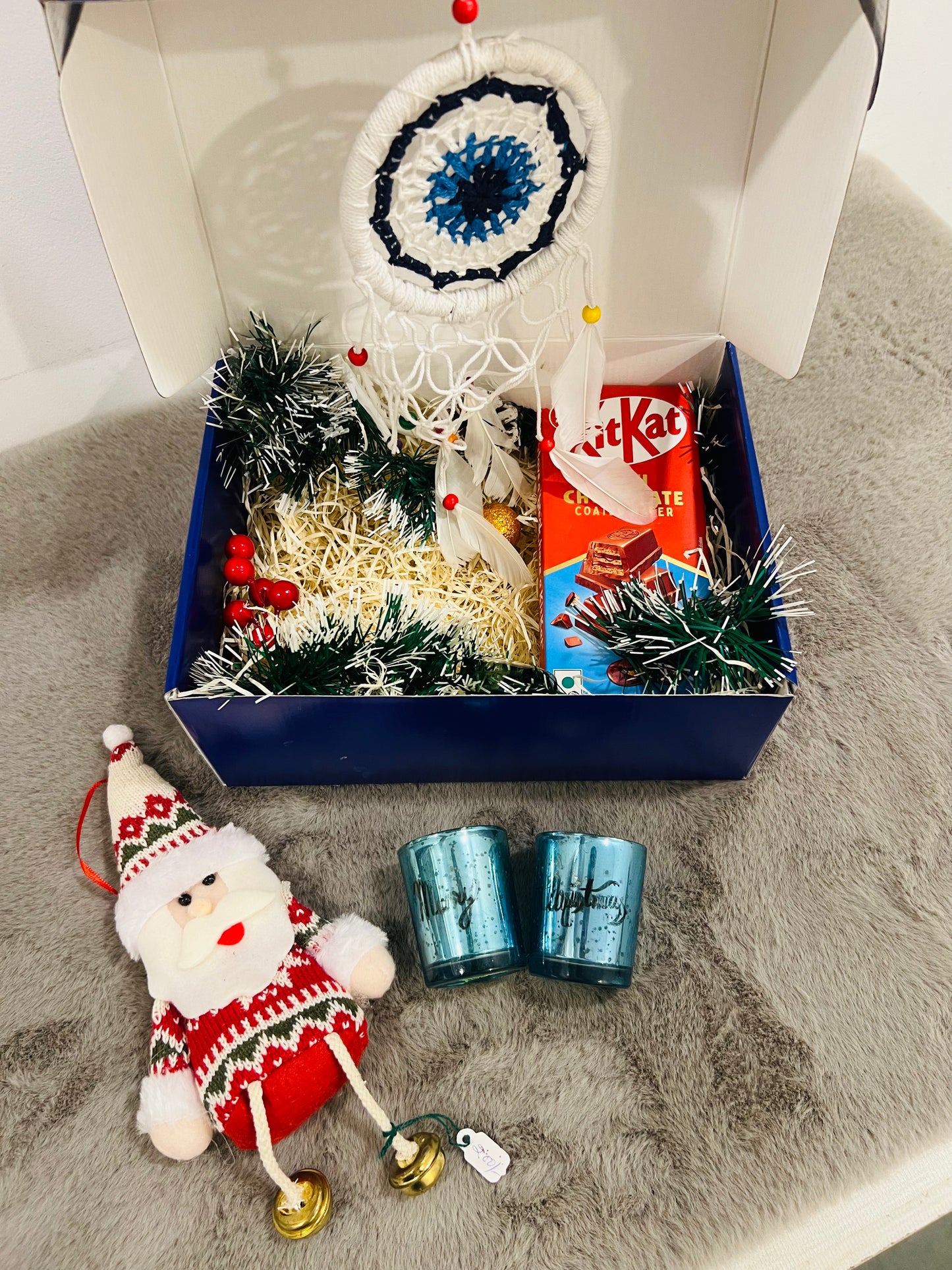 Festive Christmas Hamper in Holiday Gift Box – Santa Decorative, T-Light Candles, Evil Eye Hanging & KitKat