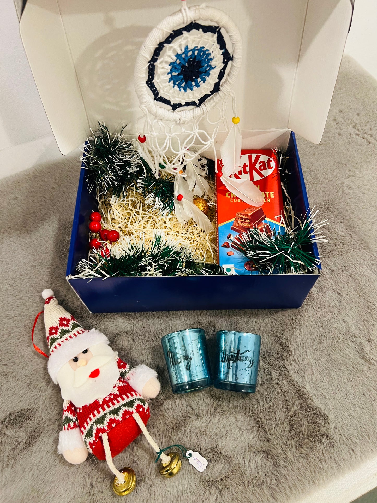 Festive Christmas Hamper in Holiday Gift Box – Santa Decorative, T-Light Candles, Evil Eye Hanging & KitKat