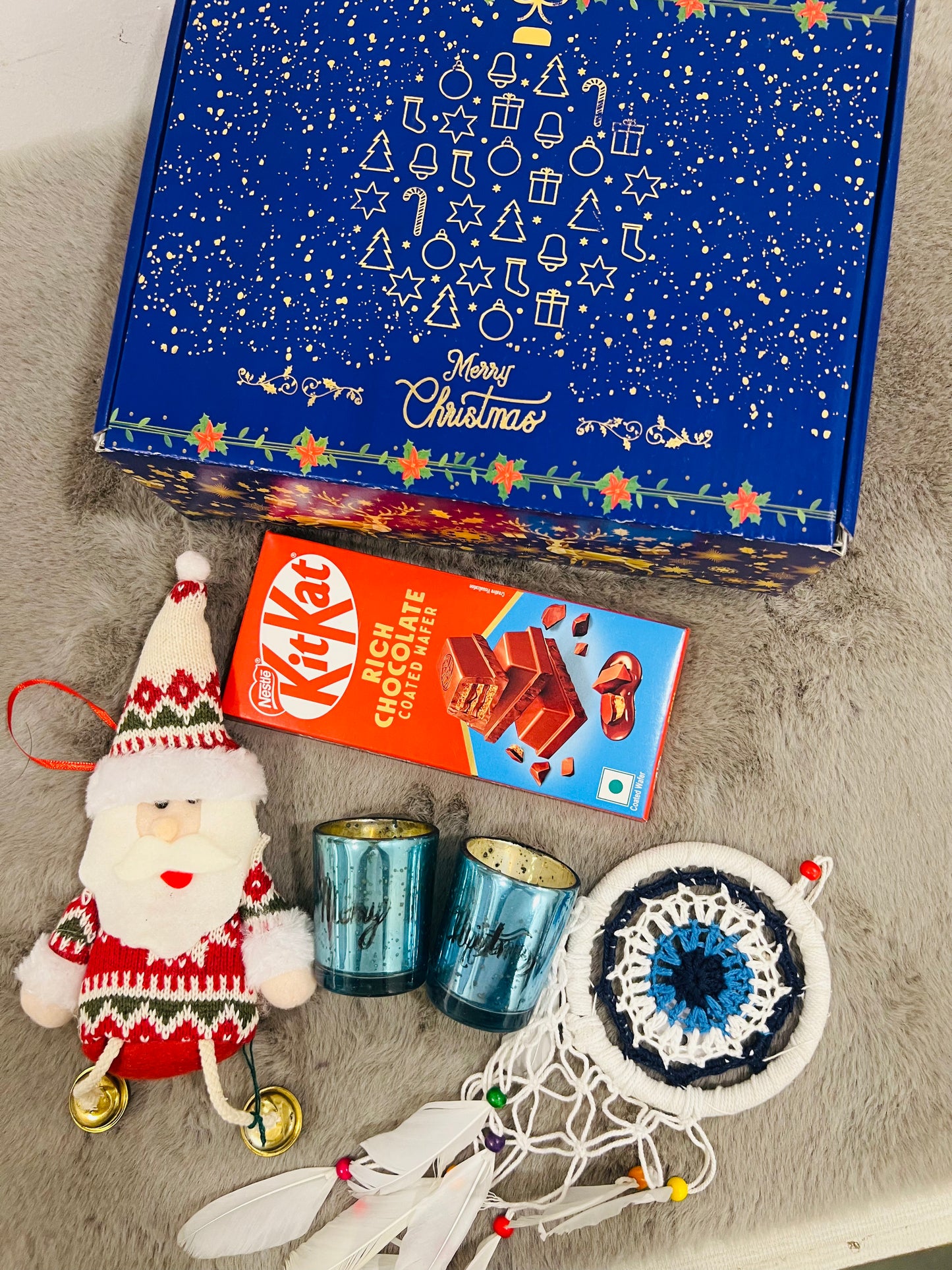 Festive Christmas Hamper in Holiday Gift Box – Santa Decorative, T-Light Candles, Evil Eye Hanging & KitKat