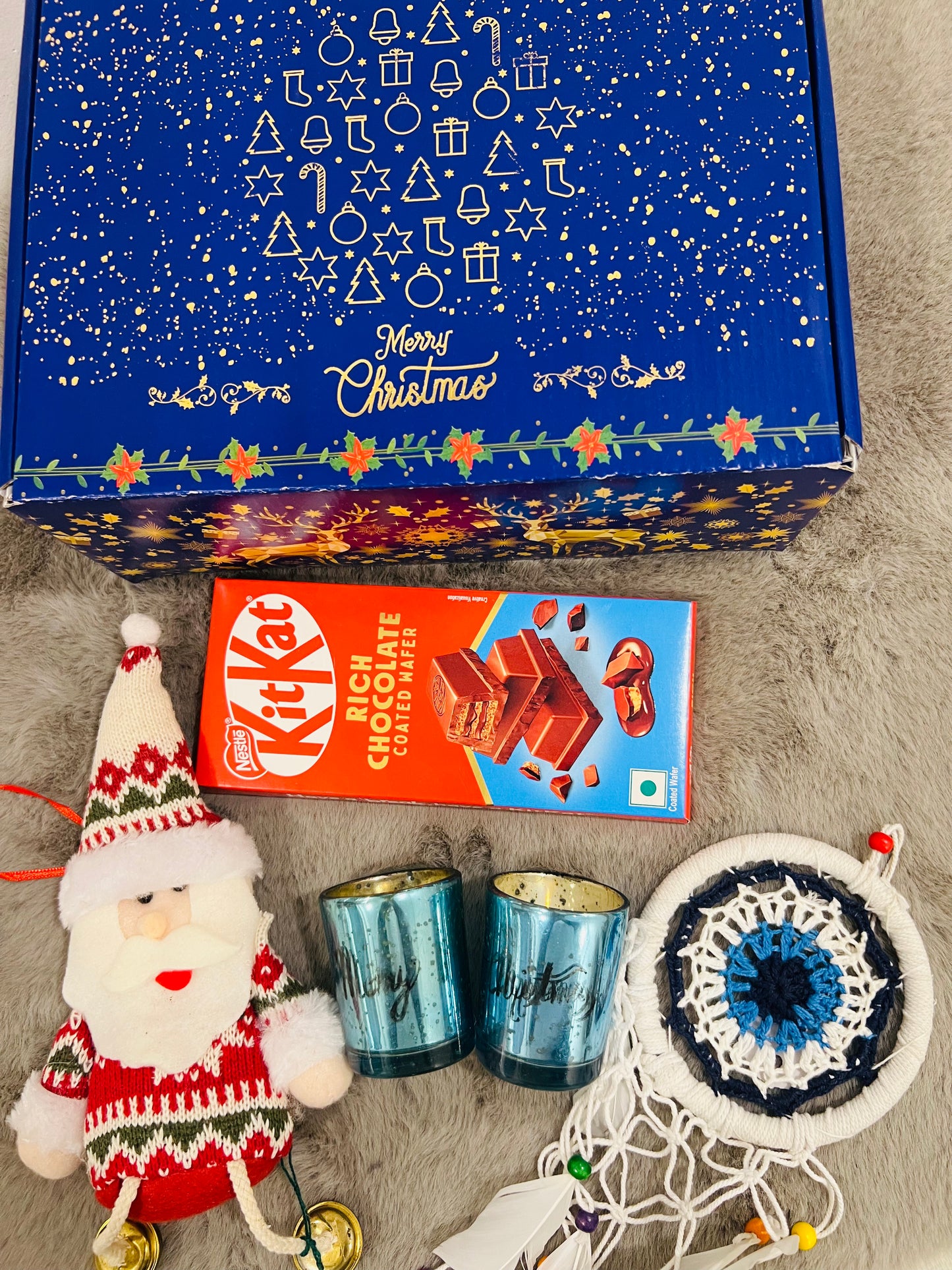 Festive Christmas Hamper in Holiday Gift Box – Santa Decorative, T-Light Candles, Evil Eye Hanging & KitKat