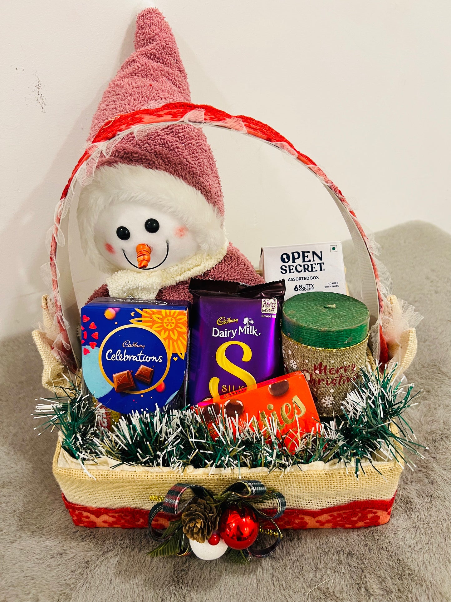 Festive Christmas Hamper – Snowman Showpiece, Open Secret Cookies, Decorative Candle & Cadbury Chocolates