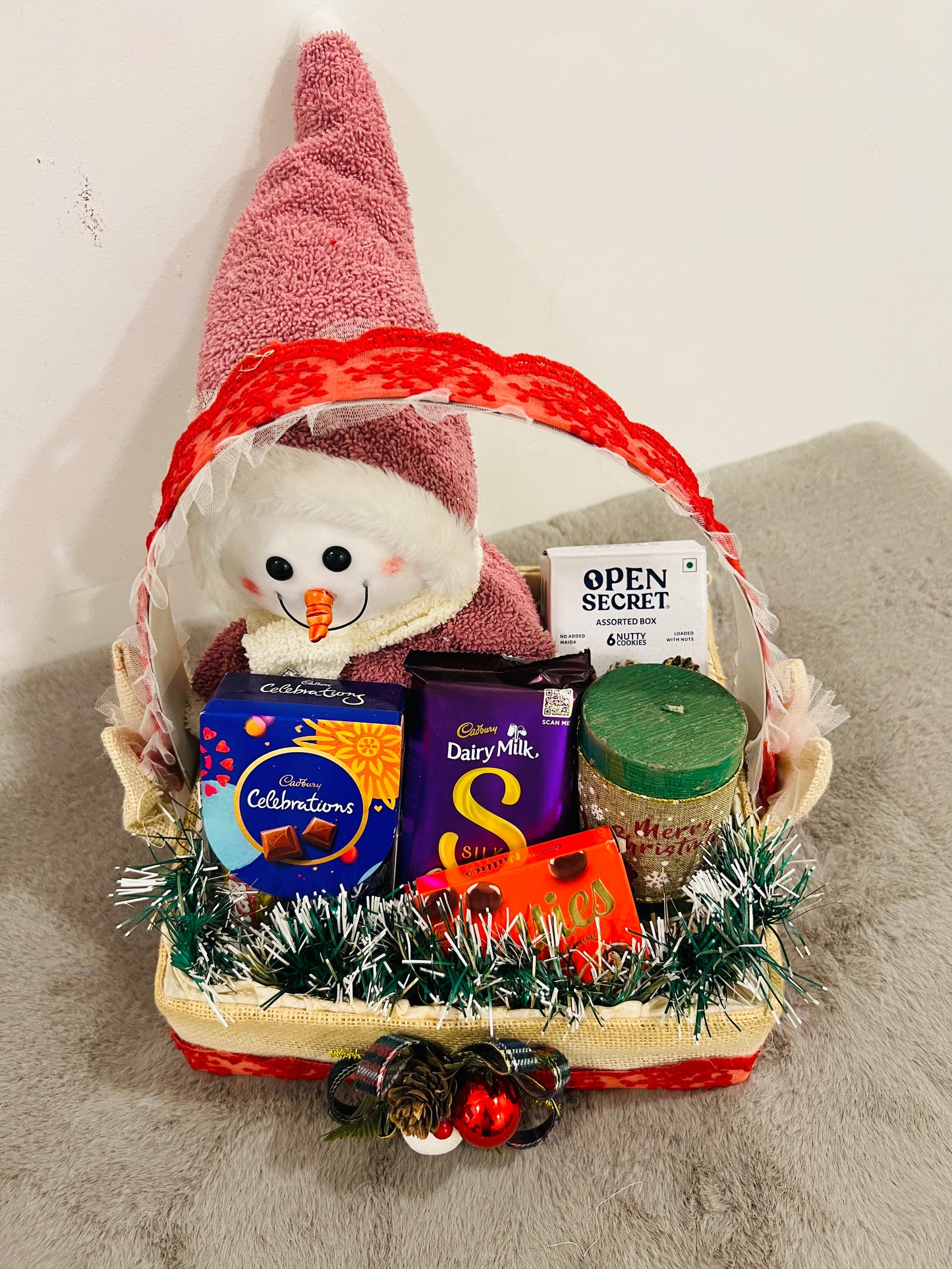 Festive Christmas Hamper – Snowman Showpiece, Open Secret Cookies, Decorative Candle & Cadbury Chocolates