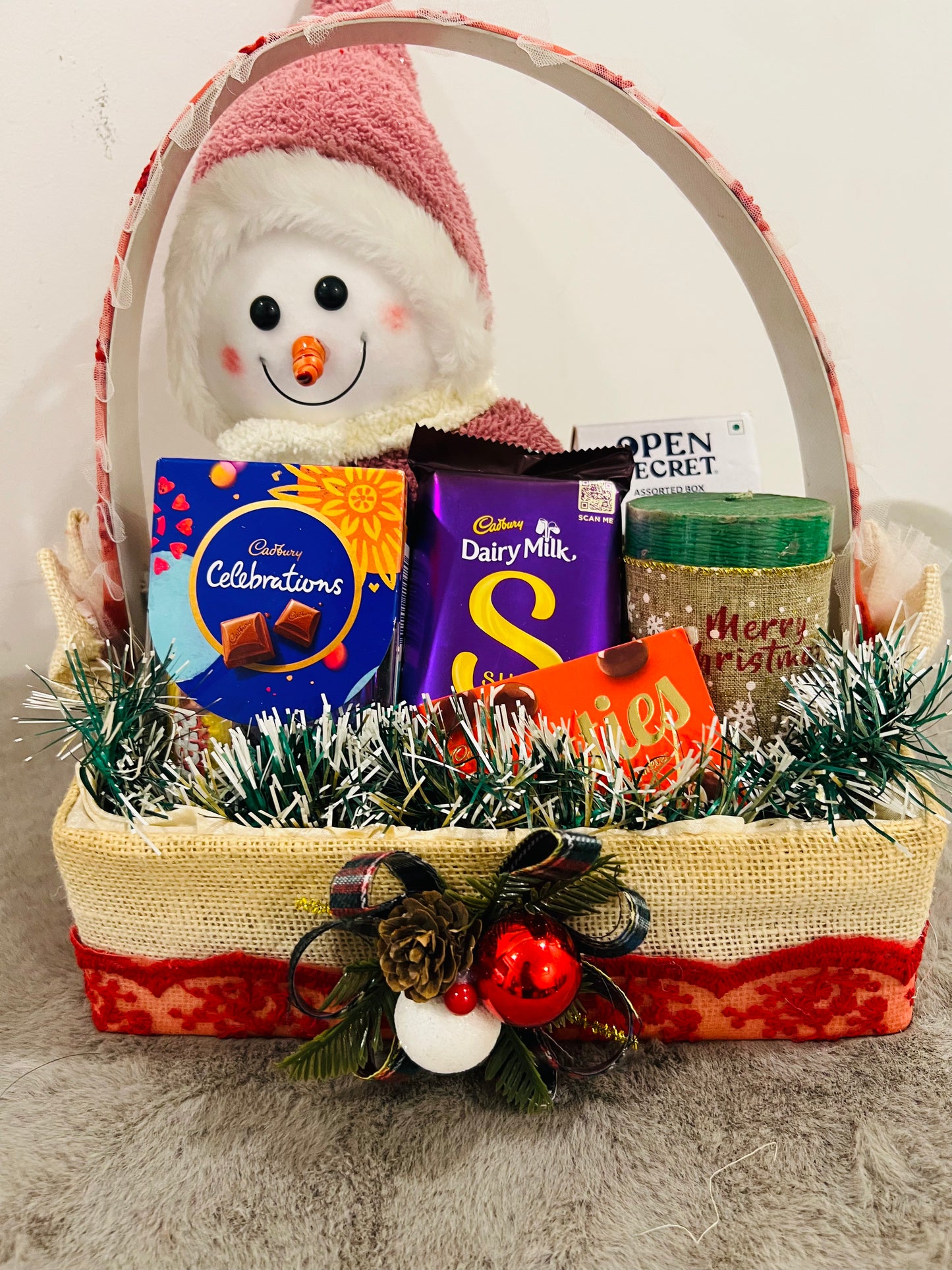 Festive Christmas Hamper – Snowman Showpiece, Open Secret Cookies, Decorative Candle & Cadbury Chocolates