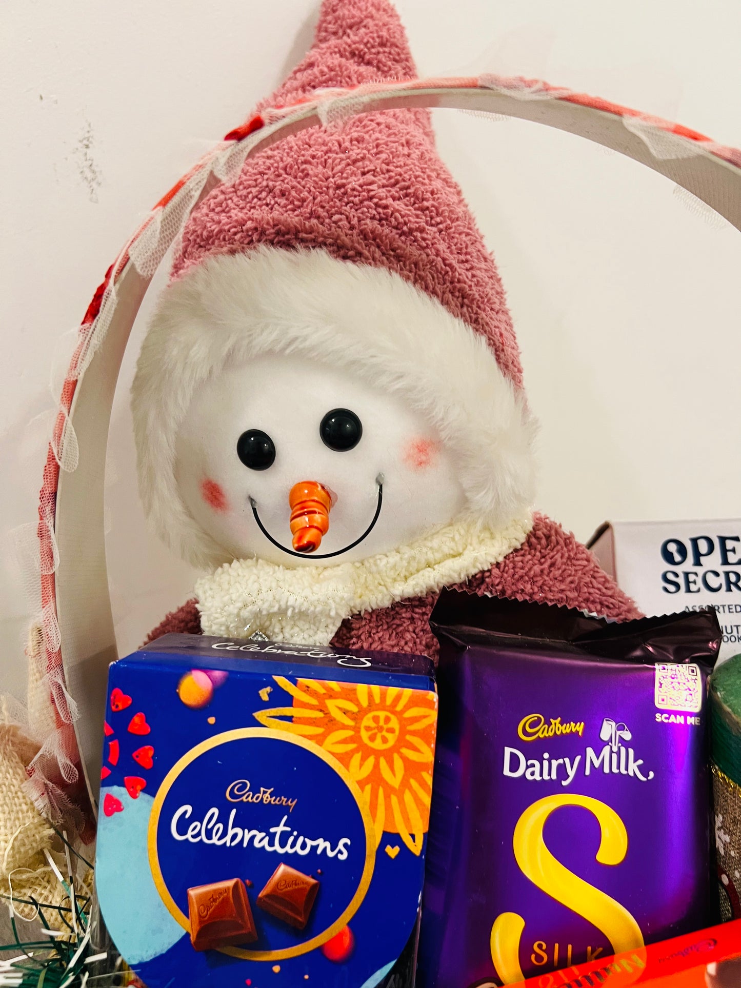 Festive Christmas Hamper – Snowman Showpiece, Open Secret Cookies, Decorative Candle & Cadbury Chocolates
