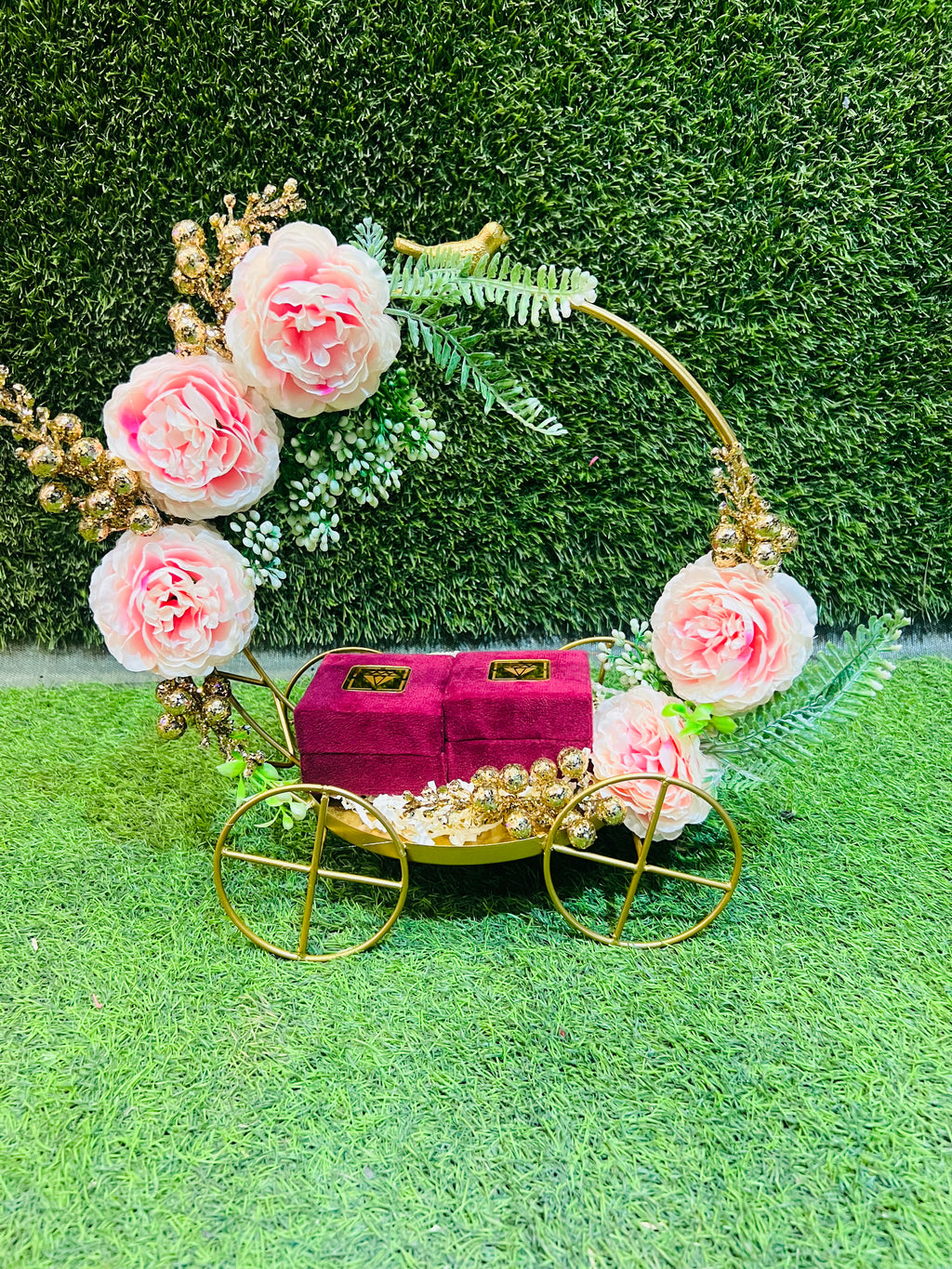 Exquisite Engagement Ring Platter on Ornate Metal Carriage with Peonies and Customizable Embellishments