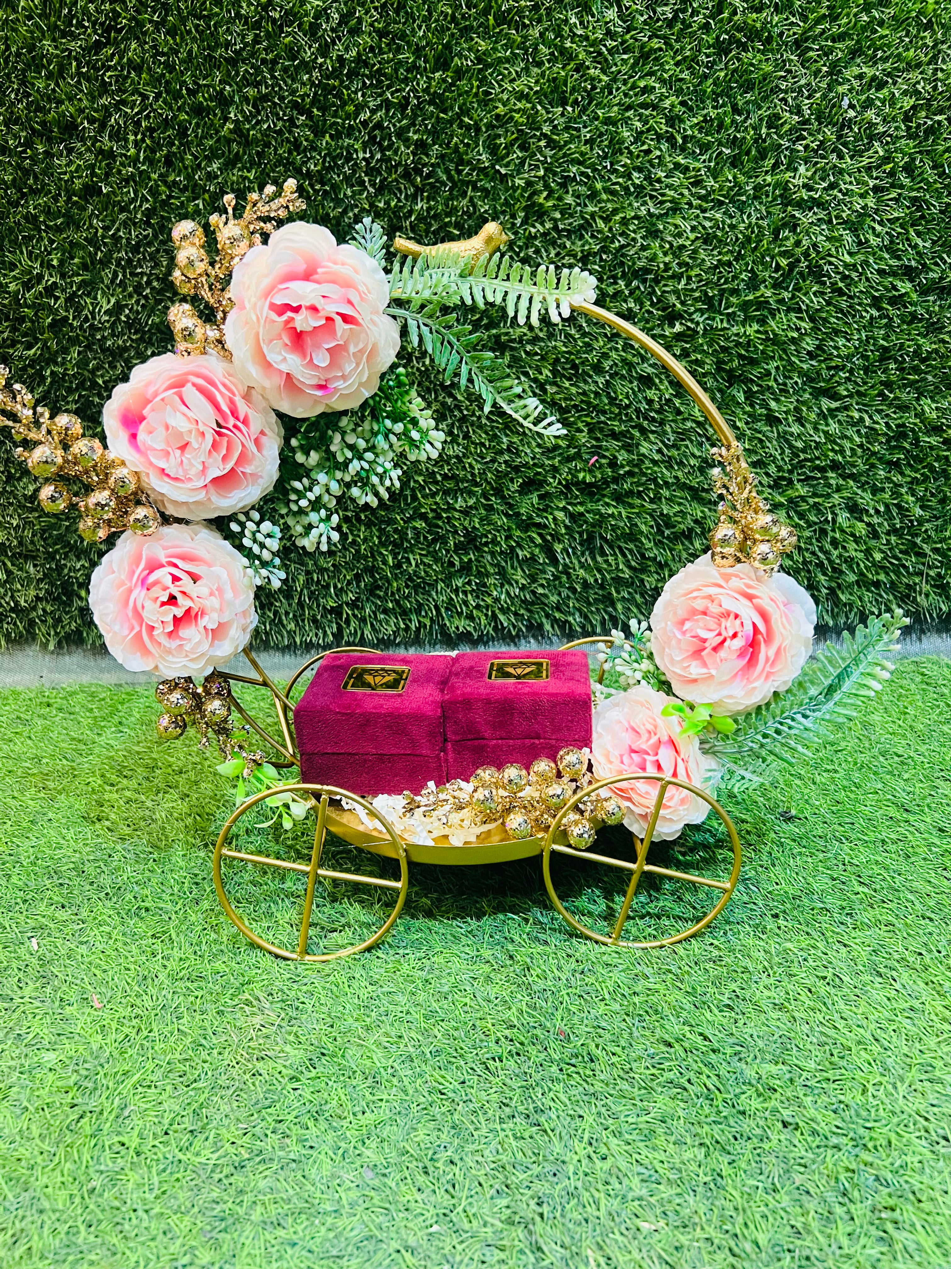 Exquisite Engagement Ring Platter on Ornate Metal Carriage with Peonies and Customizable Embellishments