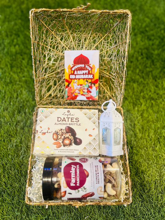 Eid Delights Gift Hamper: Dates Almond Brittle, Panchmeva, Decorative Lamp & More!